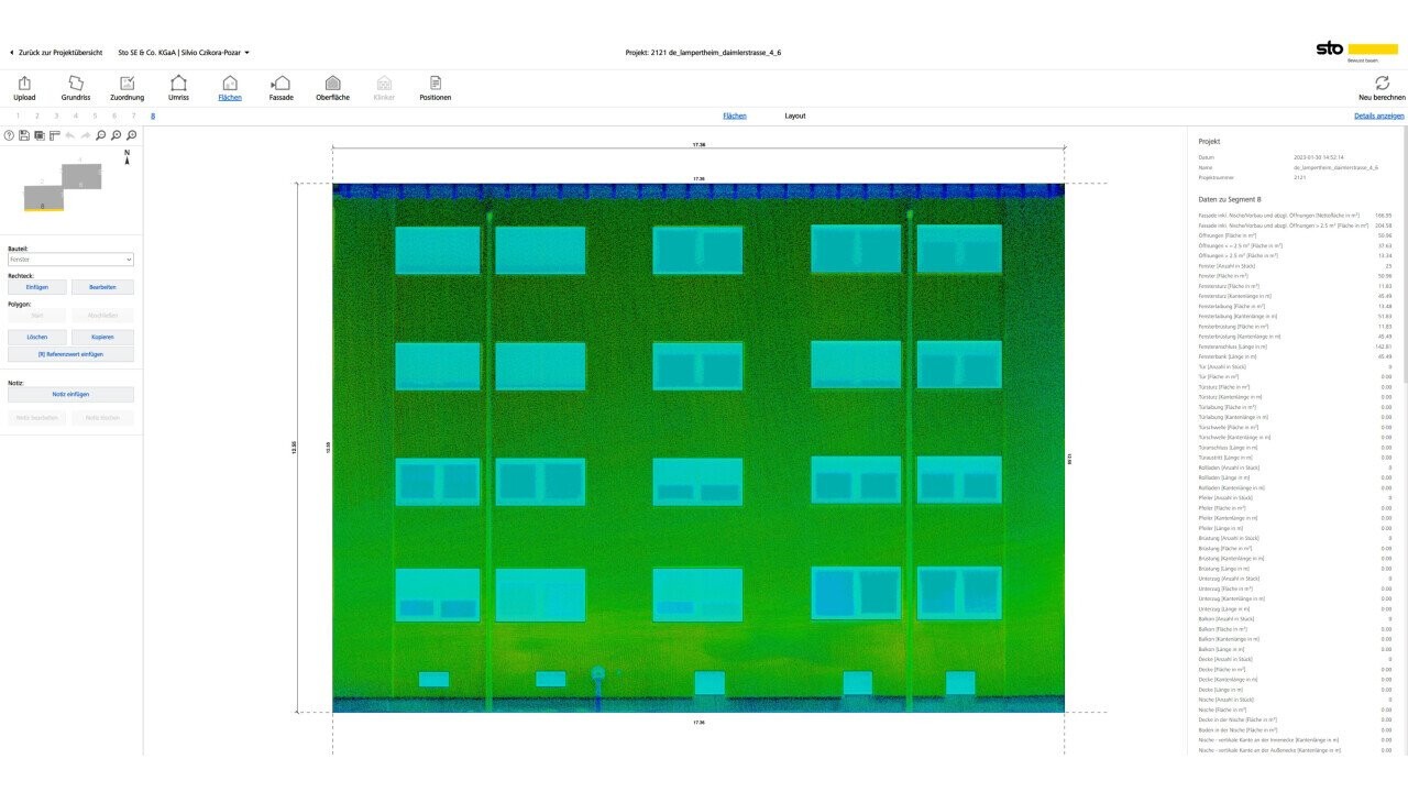 The point cloud is used to create 2D views that form the basis for calculating the amount of materials required. 