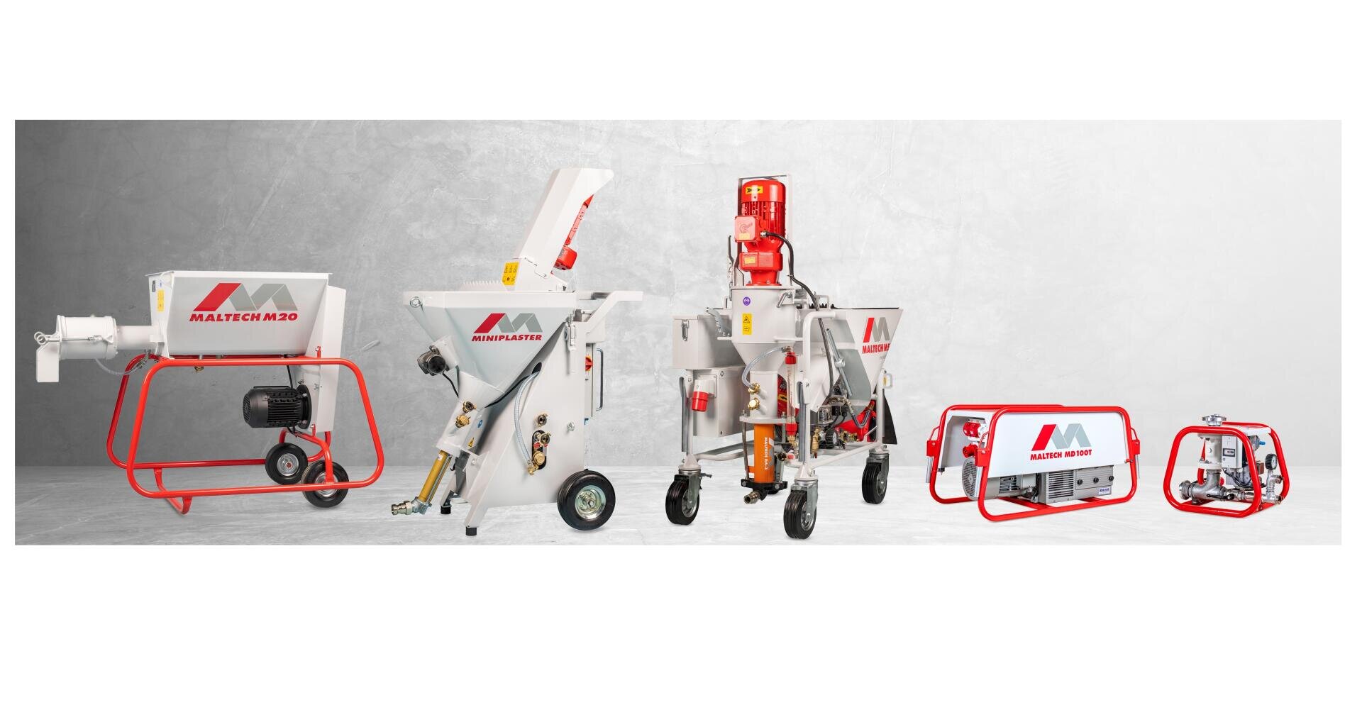Five different pieces of construction or industrial equipment with MAI branding are displayed in a row against a light gray background. The machines vary in size and function, featuring wheels, motors, and pipes.