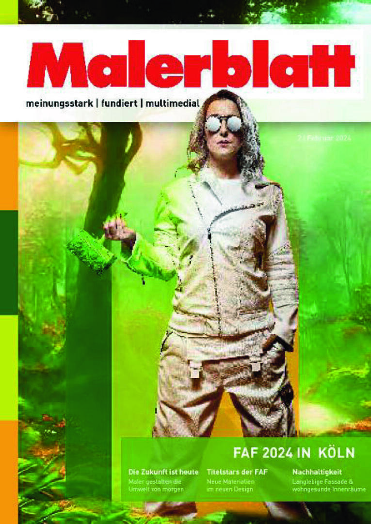 Eine Person in einem weißen Overall und einer Sonnenbrille steht mit einer grünen Farbrolle in der Hand da, umgeben von grünem Licht. Auf dem Titelblatt des Magazins steht „Malerblatt“ mit Schlagzeilen zu Zukunftstrends, Nachhaltigkeit und der FAF 2024 in Köln.