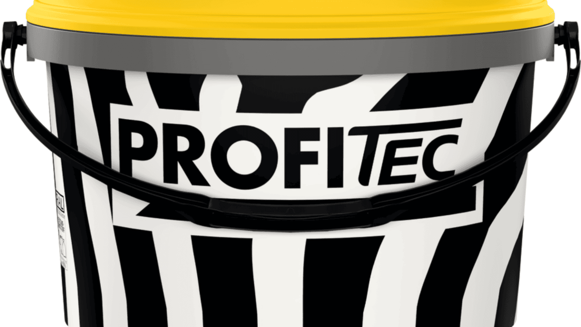 A plastic paint bucket with a yellow lid, black handle, and black-and-white zebra stripe pattern. The word PROFITEC is printed in bold black letters on the front.