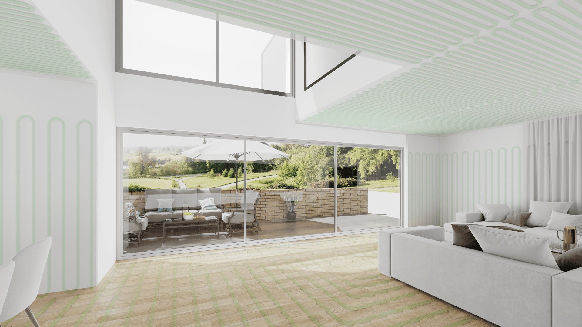 Modern living room with white and light green decor, large windows overlooking a sunny outdoor patio with seating, umbrella, and greenery in the background. A white sofa sits near the window.