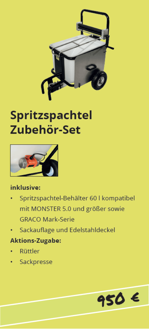 A mobile spraying spatula accessories set with a large container on wheels and a handle, displayed on a yellow background with German product details and a price of 950 euros.