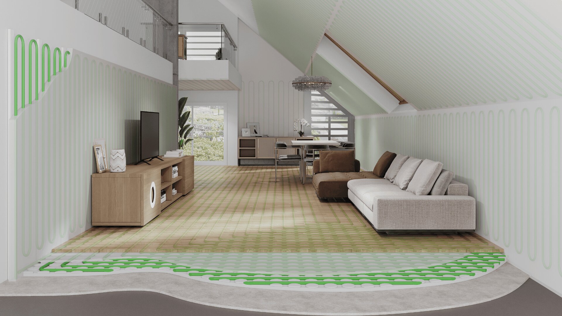 A modern loft living room with a sectional sofa, TV stand, dining table, and visible green underfloor and wall heating system layers illustrated beneath the flooring and wall surfaces.