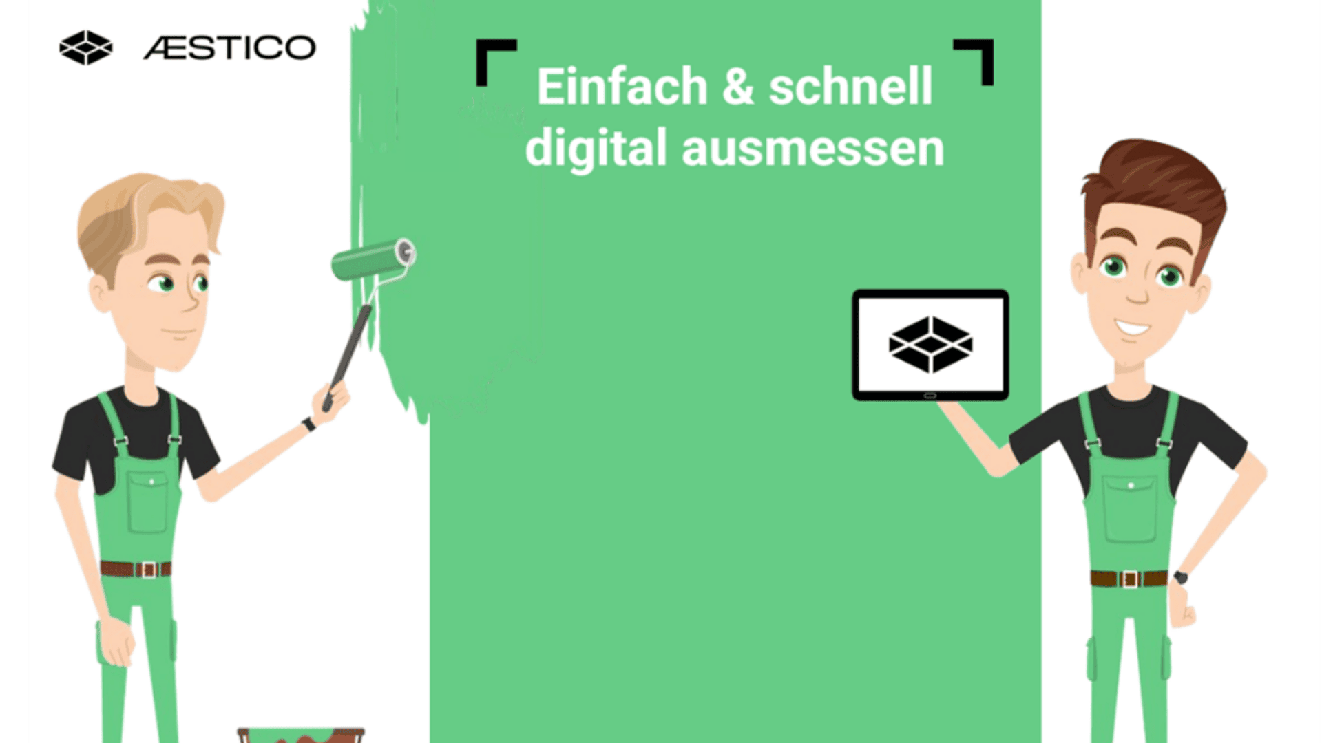 Zwei Comic-Männer in grünen Overalls streichen eine Wand grün. Einer hält eine Farbrolle, der andere ein Tablet mit einem Logo. Der deutsche Text lautet: „Einfach & schnell digital ausmessen“. Die Logos erscheinen oben.