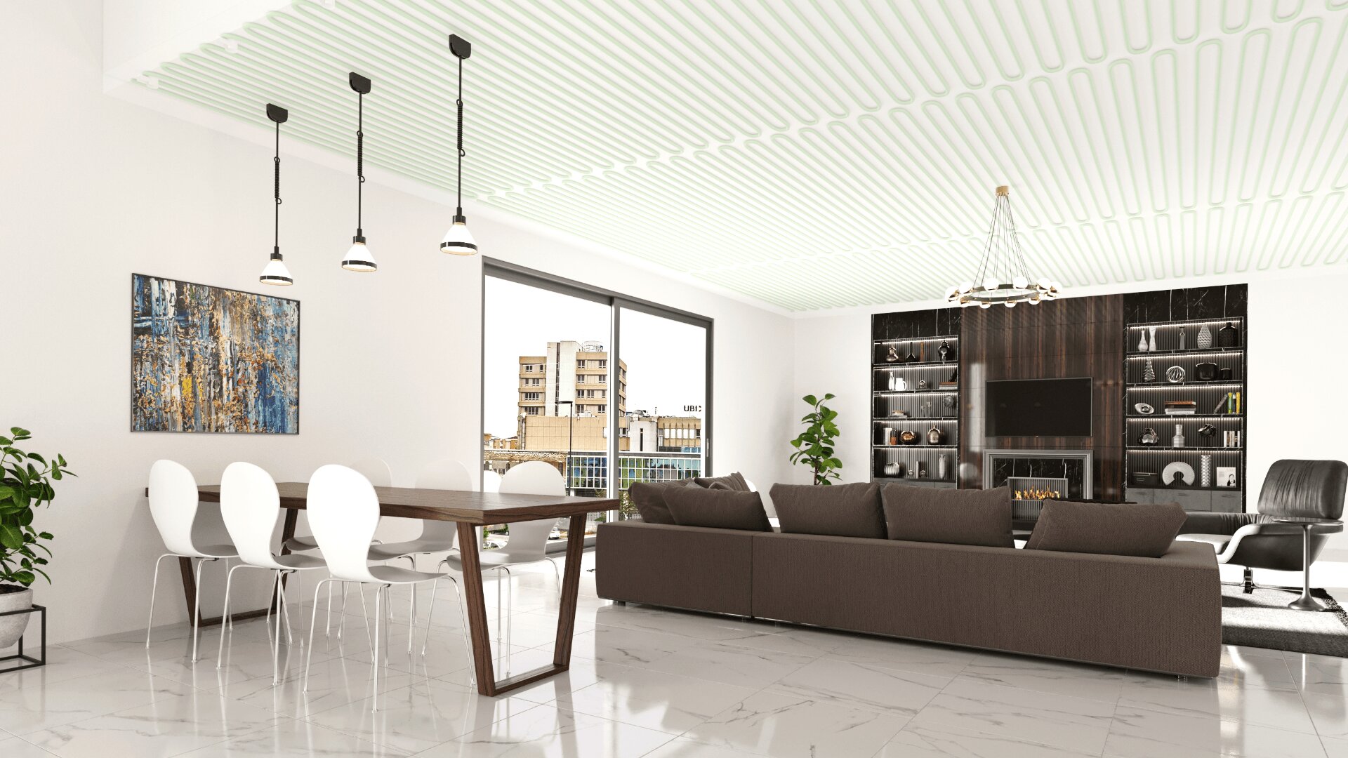 Modern open-plan living and dining area with white walls, a brown sofa, dining table with white chairs, black shelving unit, large windows, pendant lights, abstract art, and indoor plants.