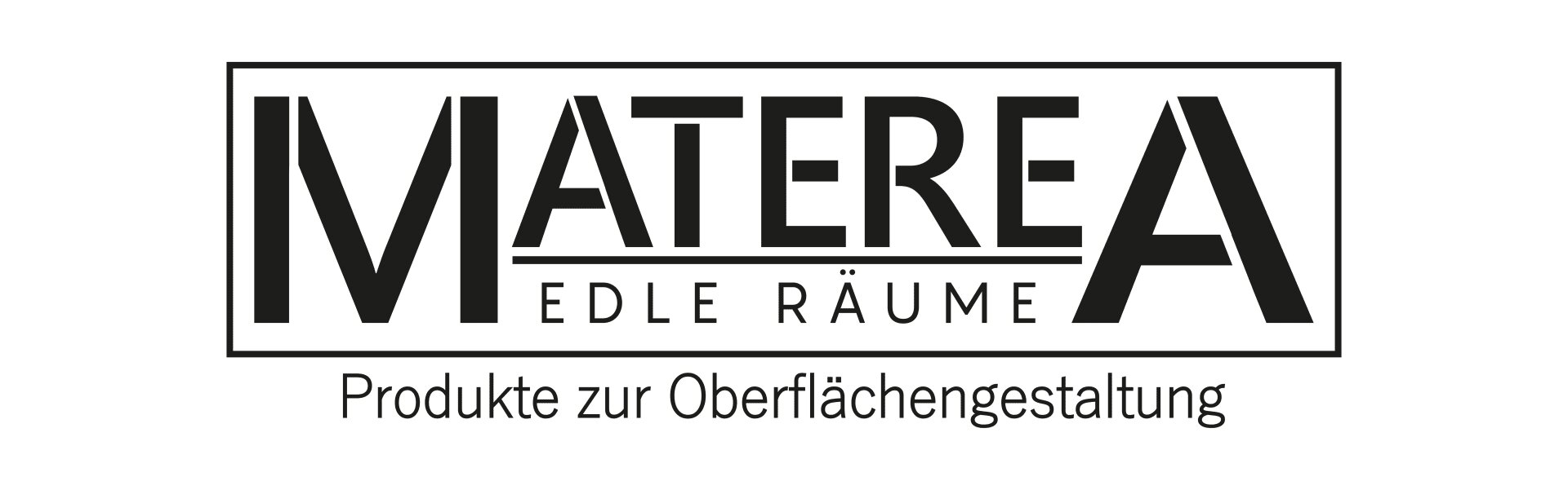Logo mit dem Text MATEREA EDLERÄUME in fetter, moderner Schrift und darunter in kleinerer Schrift „Produkte zur Oberflächengestaltung“. Das Design ist schwarz-weiß mit rechteckigem Rand.