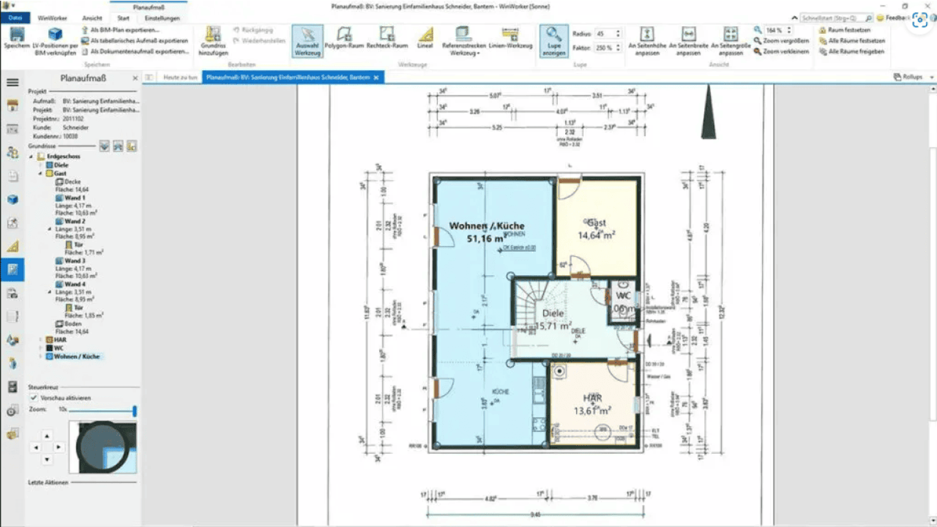 A computer screen shows a floor plan design in a software program. The floor plan includes labeled rooms with measurements, doors, and windows. Toolbar and navigation panels are visible around the workspace.