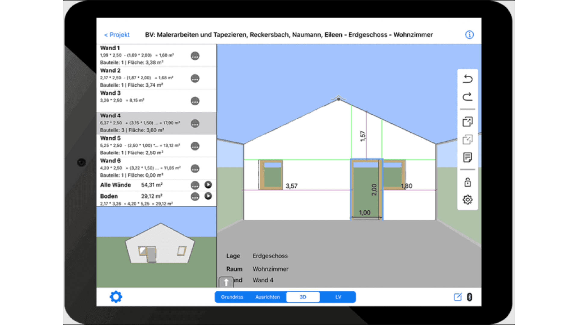 A tablet screen displays a home design app showing a 2D wall elevation with dimensions and measurements. A side menu lists walls, doors, and windows, while various tool icons are visible on the right and bottom edges.