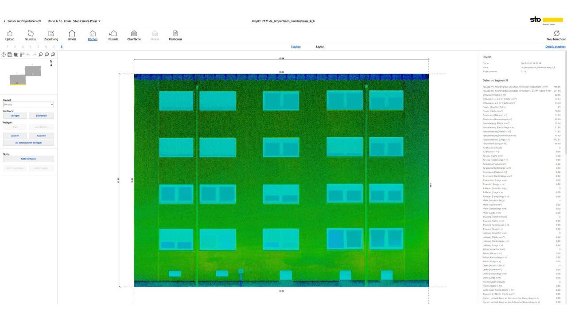 A digital building facade thermal analysis showing a rectangular building with windows in blue, walls in shades of green and yellow, and interface elements from analysis software visible at the top and sides of the screen.