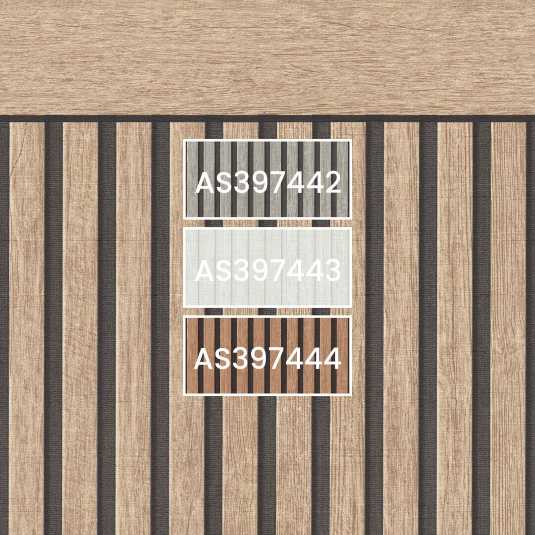 Auf einer Mustertafel mit vertikalen Holz- und dunklen Streifen sind drei Farbmuster mit der Bezeichnung AS397442 (helles Holz), AS397443 (hellgrau) und AS397444 (dunkelbraun) in der Mitte gestapelt.