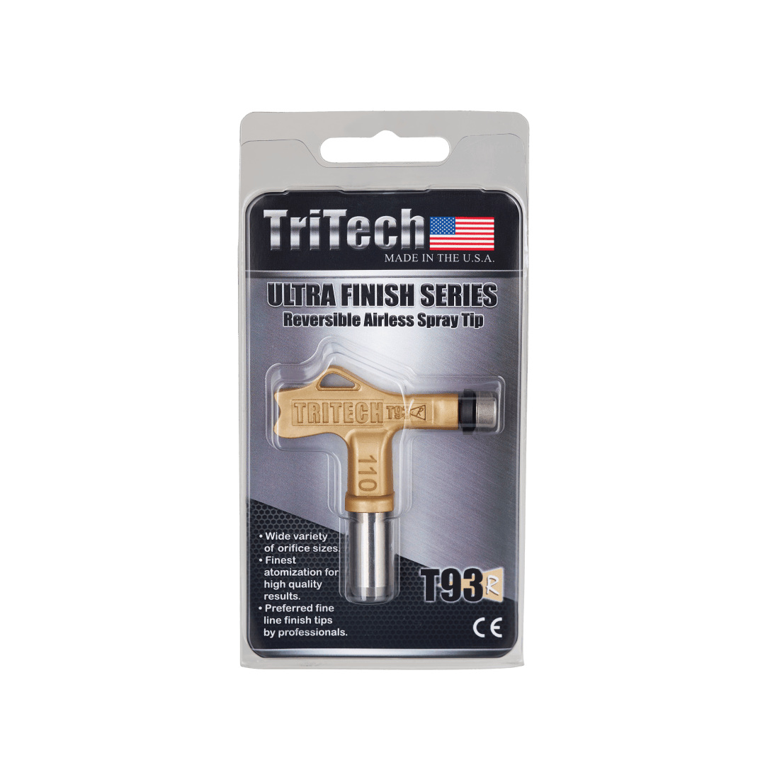 Packaging for a TriTech Ultra Finish Series reversible airless spray tip, model T93R 110, featuring a gold spray tip in a clear plastic case with product details and an American flag.