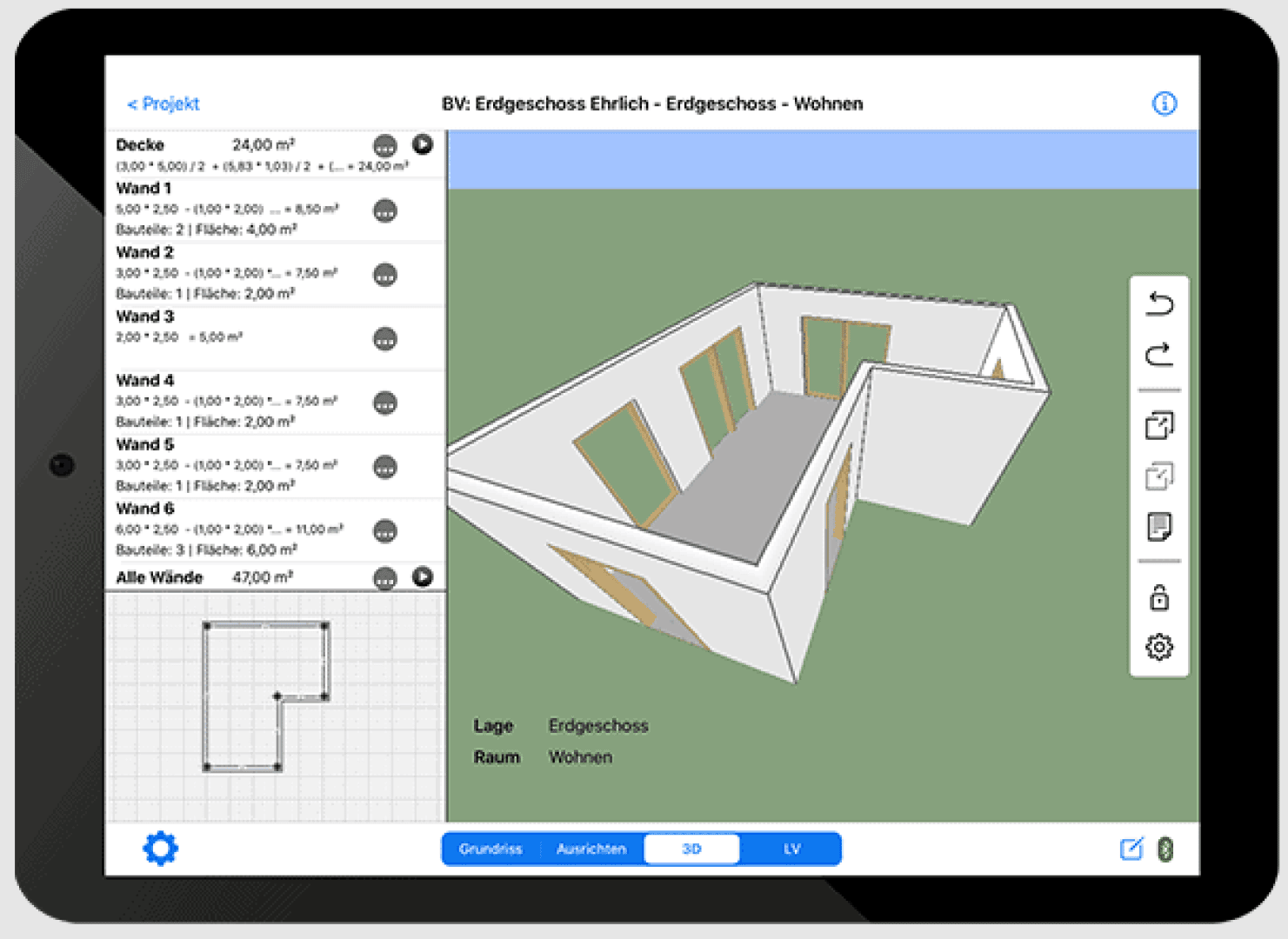 Auf einem Tablet wird eine 3D-Raummodellierungs-App angezeigt, die auf der linken Seite des Bildschirms einen teilweise möblierten Raumplan, einen Grundriss und eine Liste mit Wand- und Deckenmaßen anzeigt.