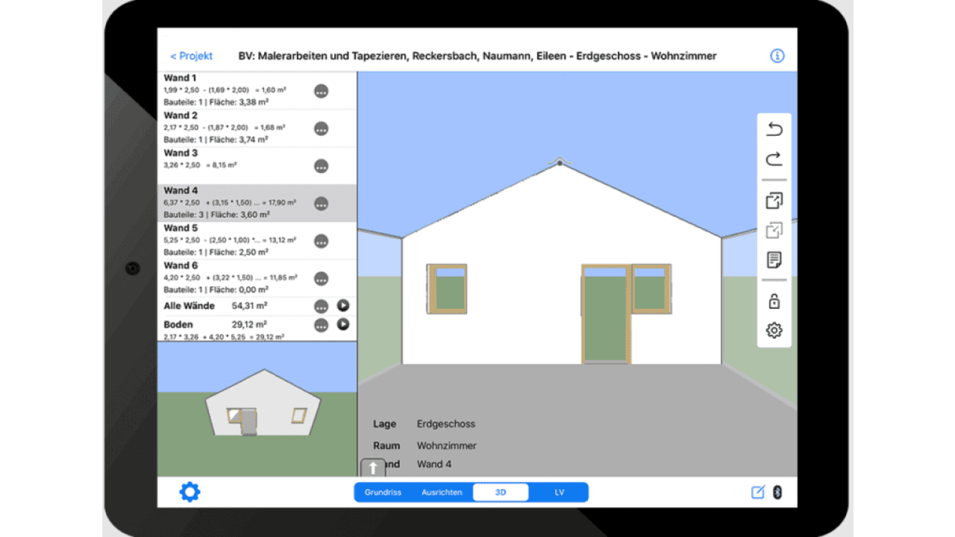 A tablet screen displays architectural software with a 3D model of a white house with green-trimmed windows and doors. A sidebar lists room and wall details, and various editing tools are visible on the right side.