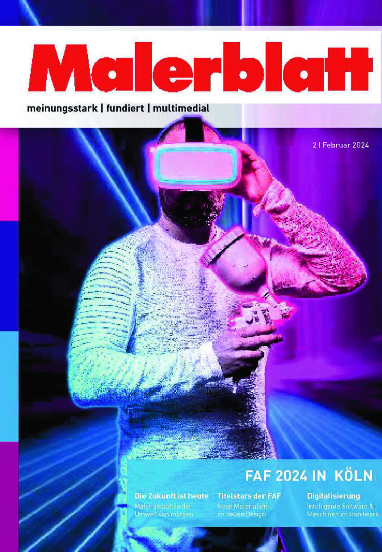 Eine Person mit Virtual-Reality-Headset und einer Spritzpistole steht vor einem leuchtenden, futuristischen Hintergrund mit neonblauen und violetten Lichtern. Zu sehen sind der Zeitschriftentitel „Malerblatt“ und verschiedene Artikelüberschriften.