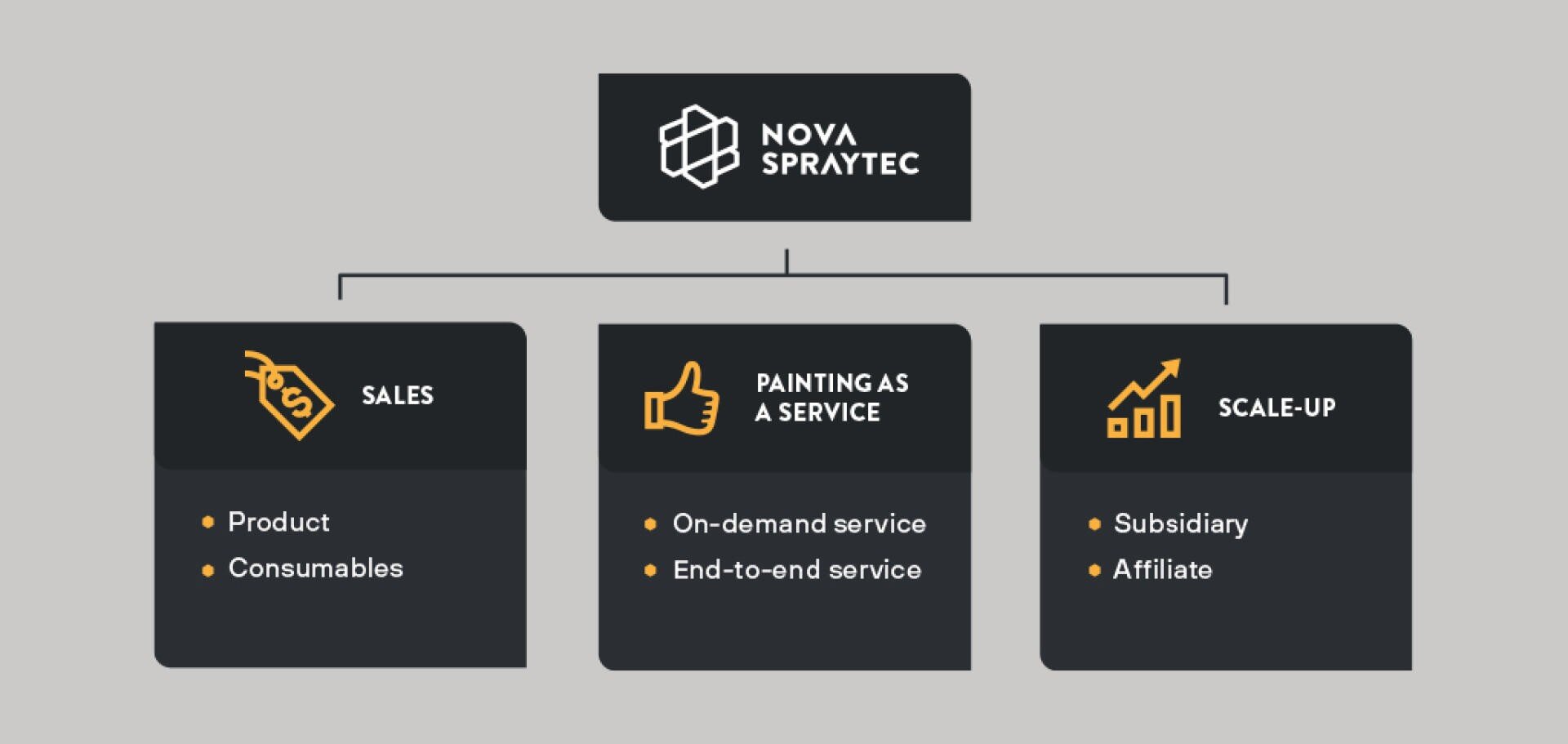 A flowchart for NOVA SPRAYTEC shows three sections: Sales (Product, Consumables), Painting as a Service (On-demand service, End-to-end service), and Scale-Up (Subsidiary, Affiliate).