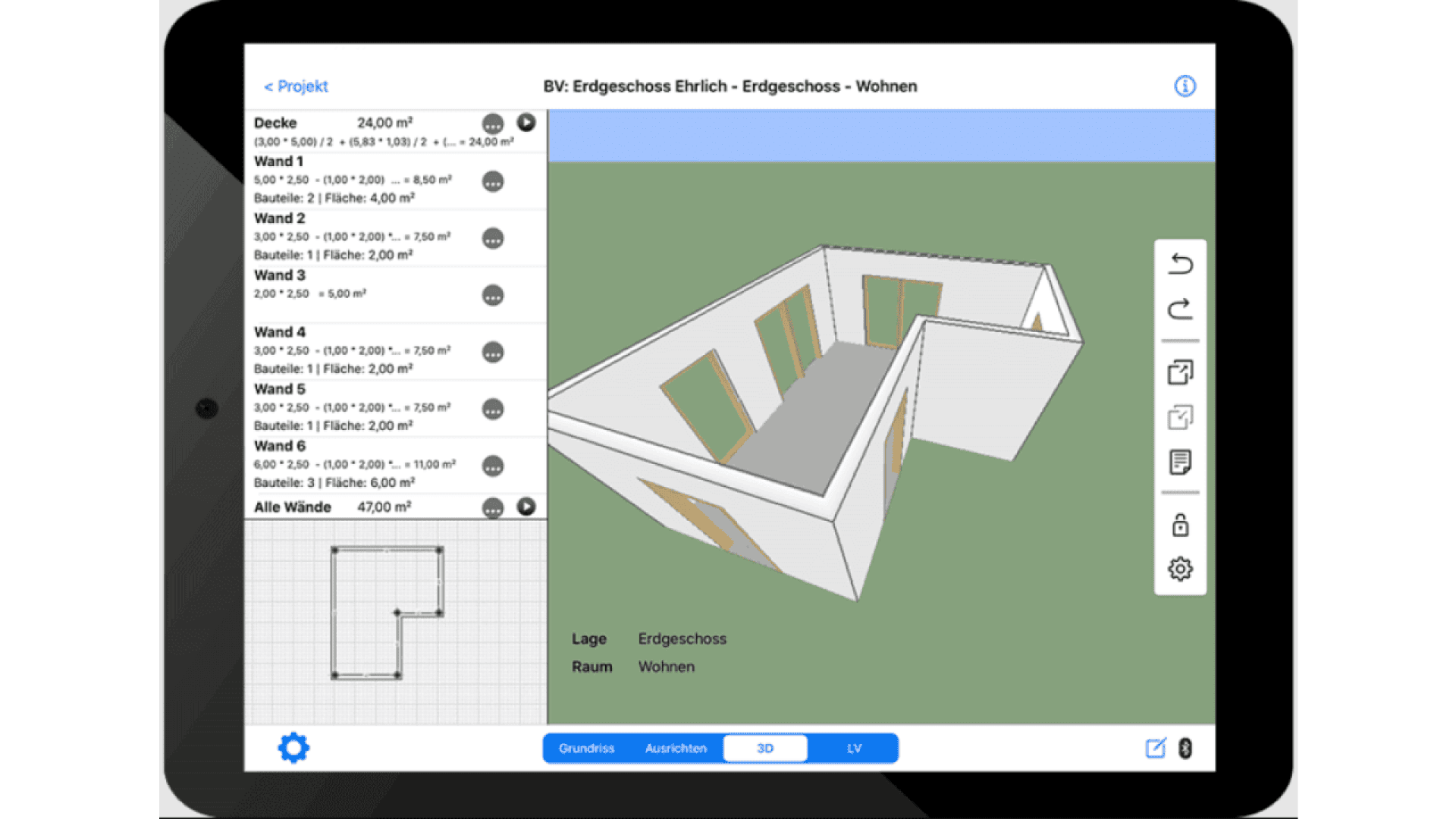 A tablet screen displays a 3D floor plan design software with a room layout. The left panel lists measurements for walls and ceilings; the central area shows the 3D model and 2D floor plan of a rectangular room.