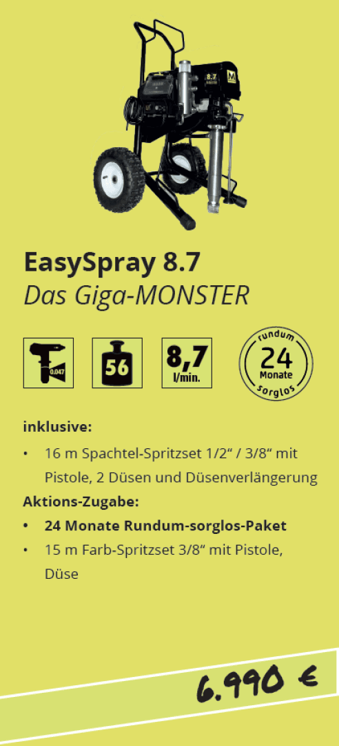 A black EasySpray 8.7 paint spraying machine with large wheels and attached hoses, displayed above product features, included items, and a price of 6.990 € on a yellow background.