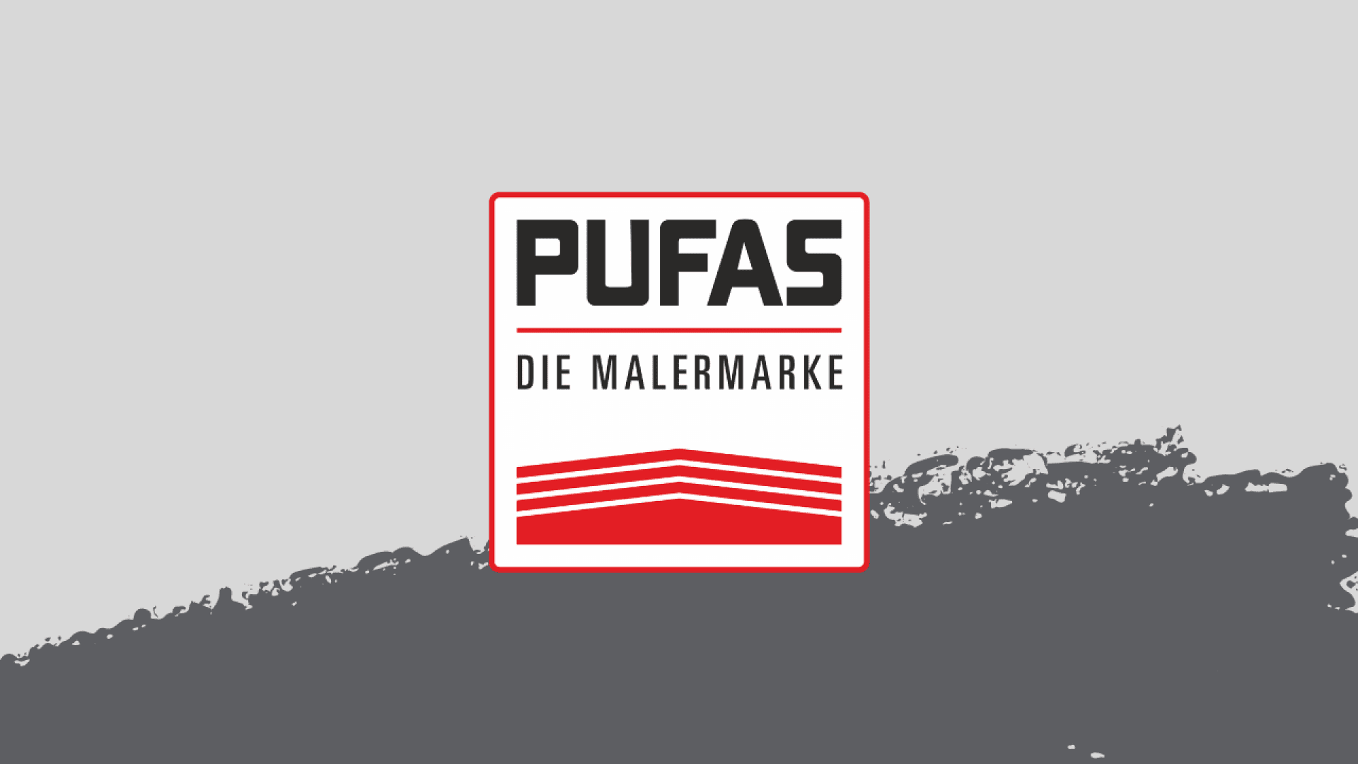 Logo with the word PUFAS in bold black letters above the text DIE MALERMARKE, set inside a red-bordered square with red horizontal lines below, on a gray and white painted background.