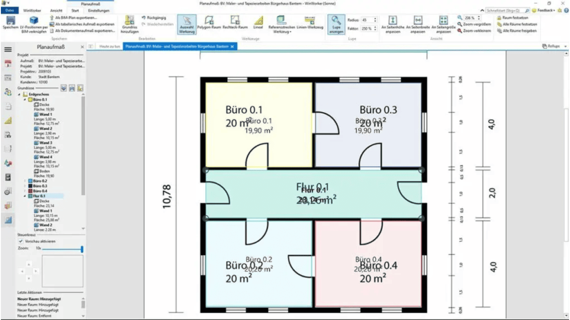 A digital floor plan displays five labeled rooms—Büro 0.1, 0.2, 0.3, 0.4 (offices), and Flur 0.1 (corridor)—each labeled with their respective sizes in square meters. The software interface is visible.