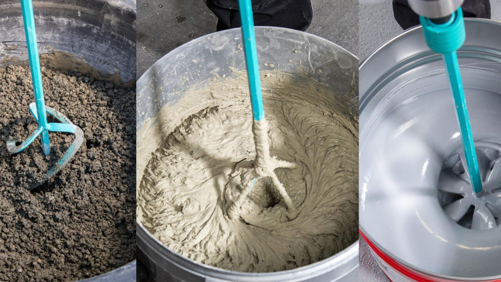 Three buckets with a mixing tool blending different materials: coarse concrete mix on the left, smooth cement or plaster in the center, and glossy white paint or liquid on the right.