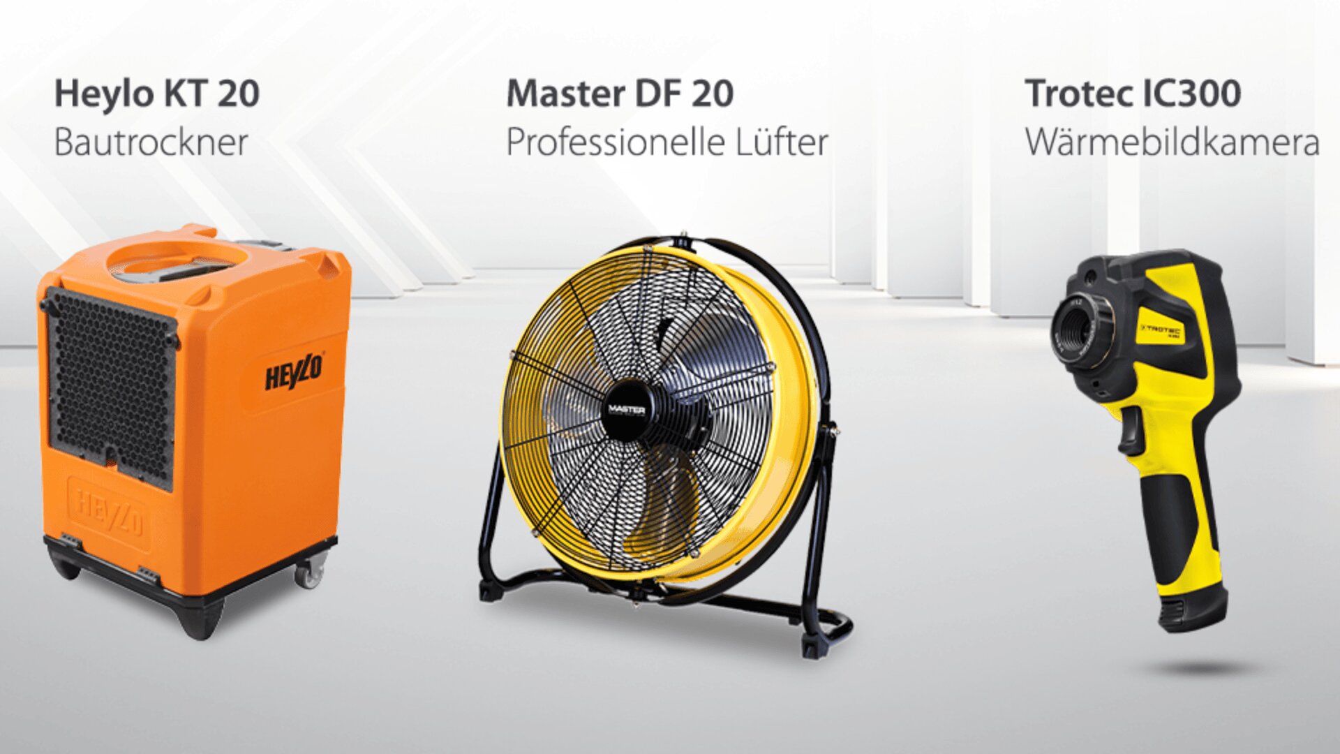 Drei Geräte: ein orangefarbener Heylo KT 20 Luftentfeuchter, ein gelber Master DF 20 Profi-Ventilator und eine schwarz-gelbe Trotec IC300 Wärmebildkamera, jeweils mit deutscher Bezeichnung und Funktion beschriftet.