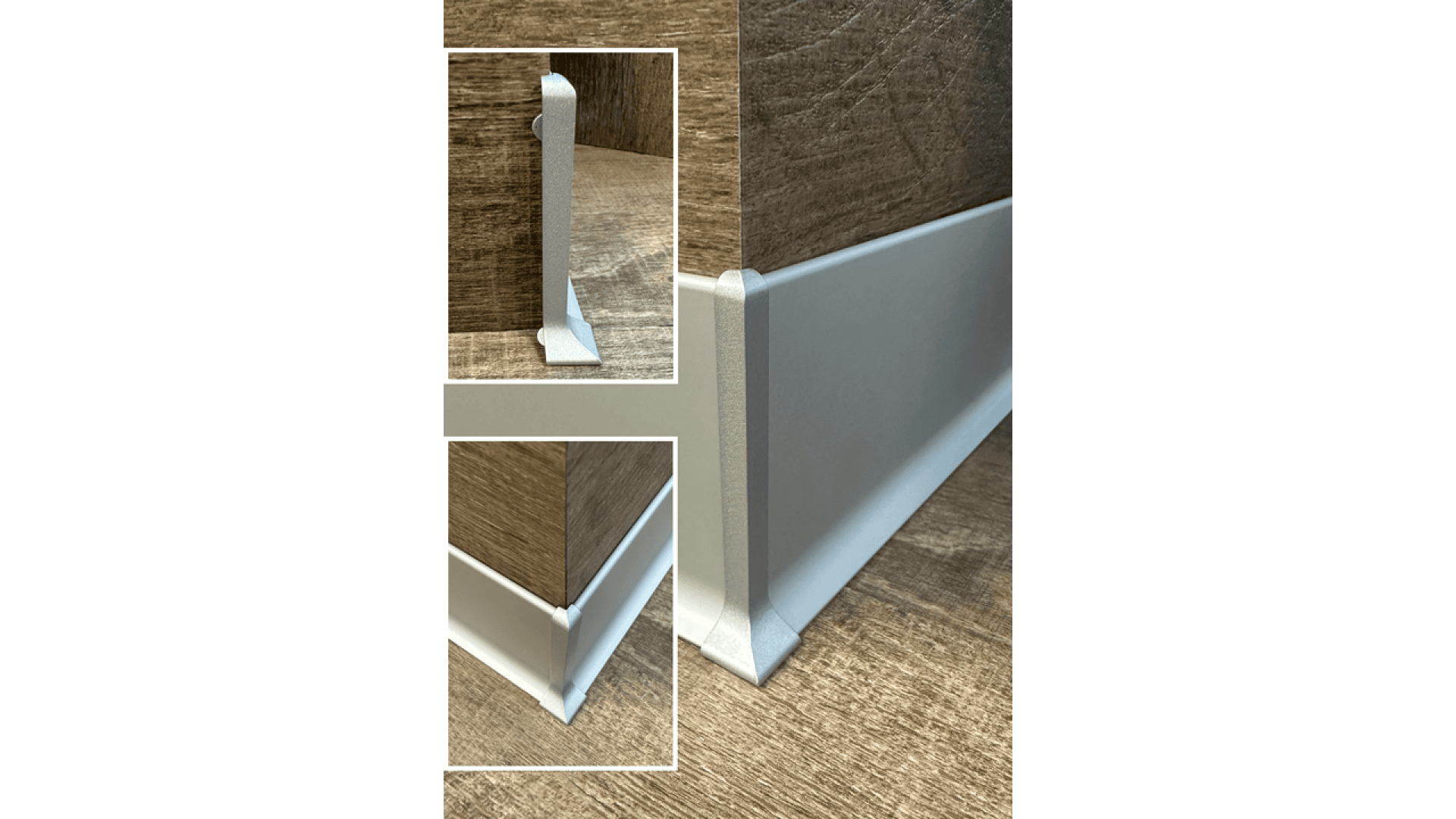 Nahaufnahmen einer weißen Fußleiste entlang der Unterkante einer Wand mit holzähnlichem Boden. Die Einschübe zeigen Detailansichten der Ecken und wie sie an Wand und Boden anliegen.