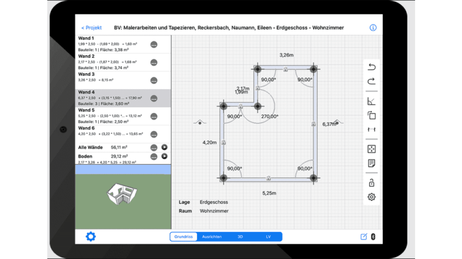 A tablet screen displays a floor plan design app, showing a rectangular room layout with precise measurements, wall and door placements, and a list of structural elements on the left sidebar.