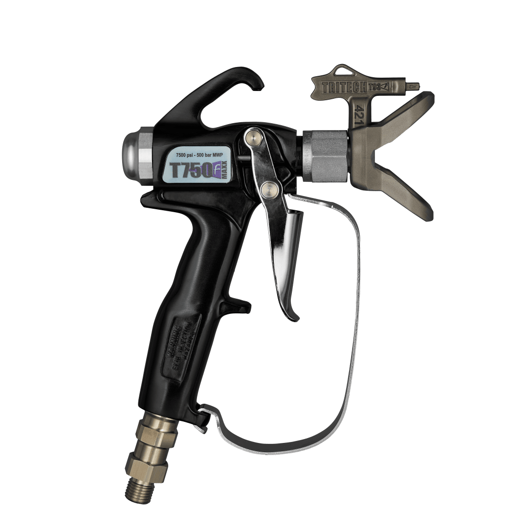 A black paint spray gun with a metal trigger, labeled “T750F,” featuring a nozzle guard and connected brass fitting at the bottom, isolated on a transparent background.