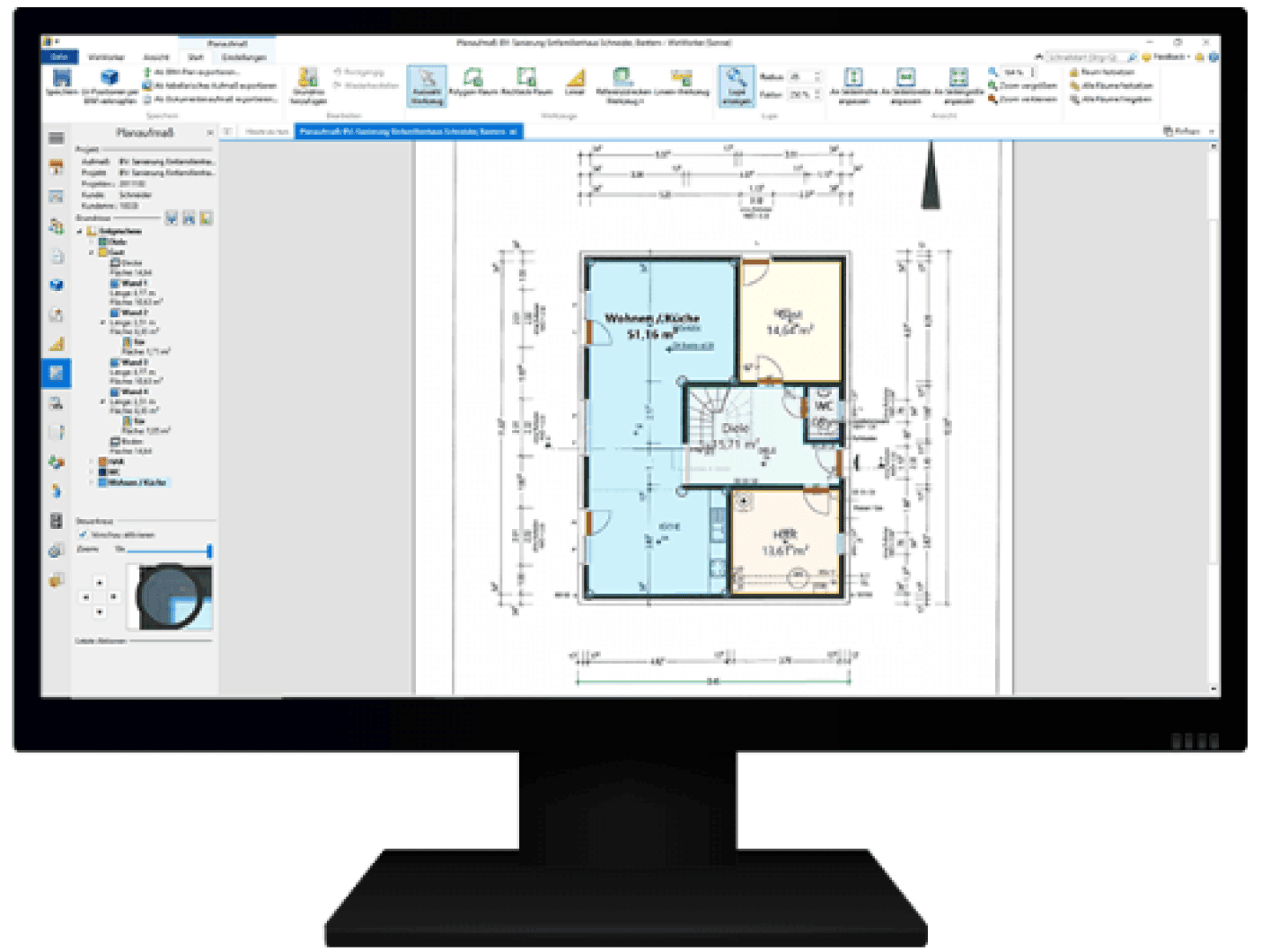 Auf einem Computermonitor wird eine Architektur-Designsoftware mit einem Hausgrundriss angezeigt, auf dem beschriftete Räume, Maße sowie verschiedene Symbolleisten und Menüs angezeigt werden.