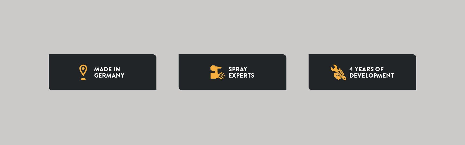Three black rectangles on a gray background. Each has a yellow icon and white text: Made in Germany with a location pin, Spray Experts with a spray gun, and 4 Years of Development with a flame and gear.