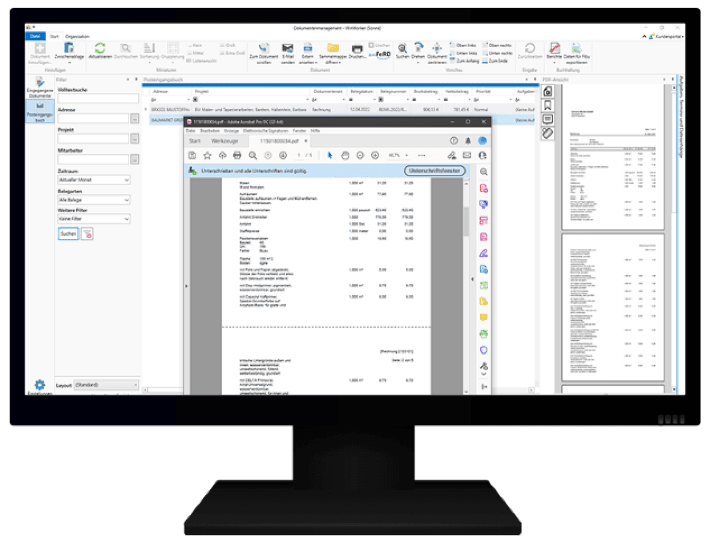 Auf einem Computerbildschirm wird die Softwareoberfläche eines Dokumentenmanagementsystems angezeigt. Im Hauptfenster ist eine PDF-Rechnung geöffnet. Navigationsbereiche und Listen sind links und rechts auf dem Bildschirm sichtbar.