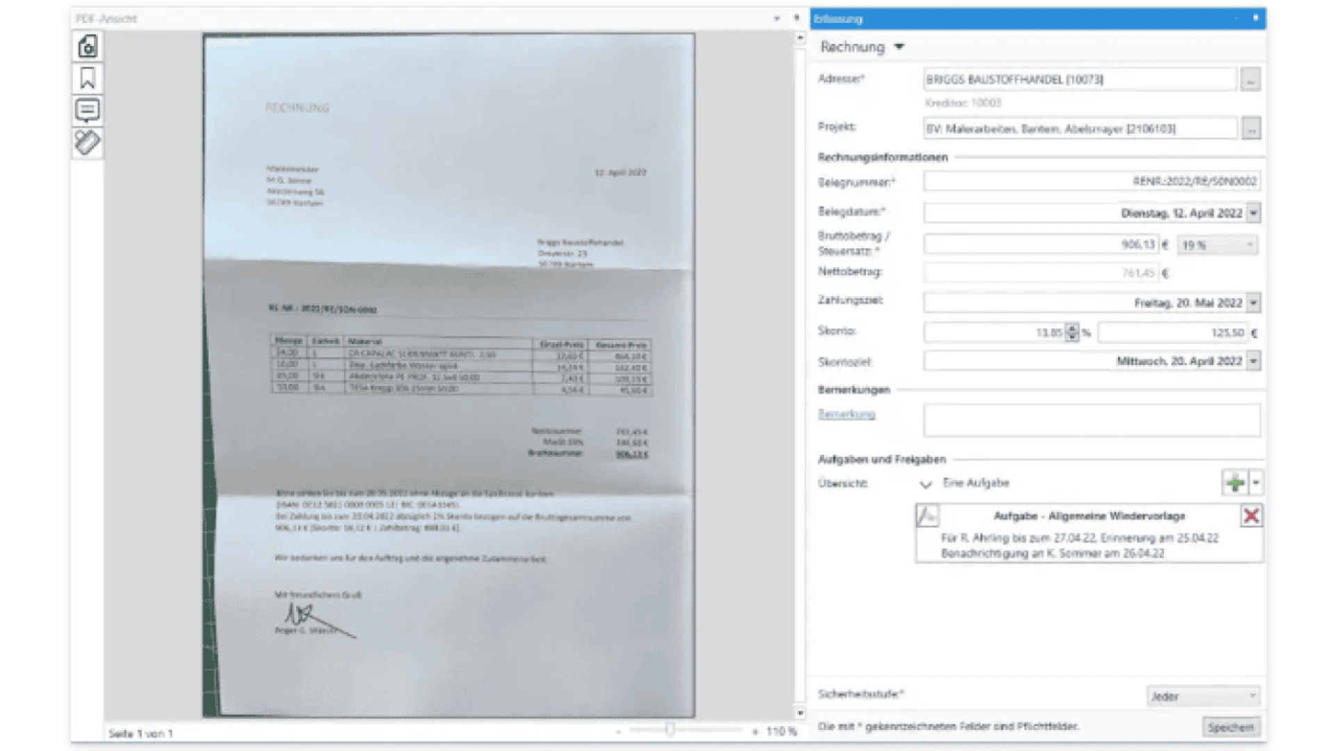 A computer screen displays an invoice document on the left and a digital form with invoice details, dates, and line items on the right, within a software interface.