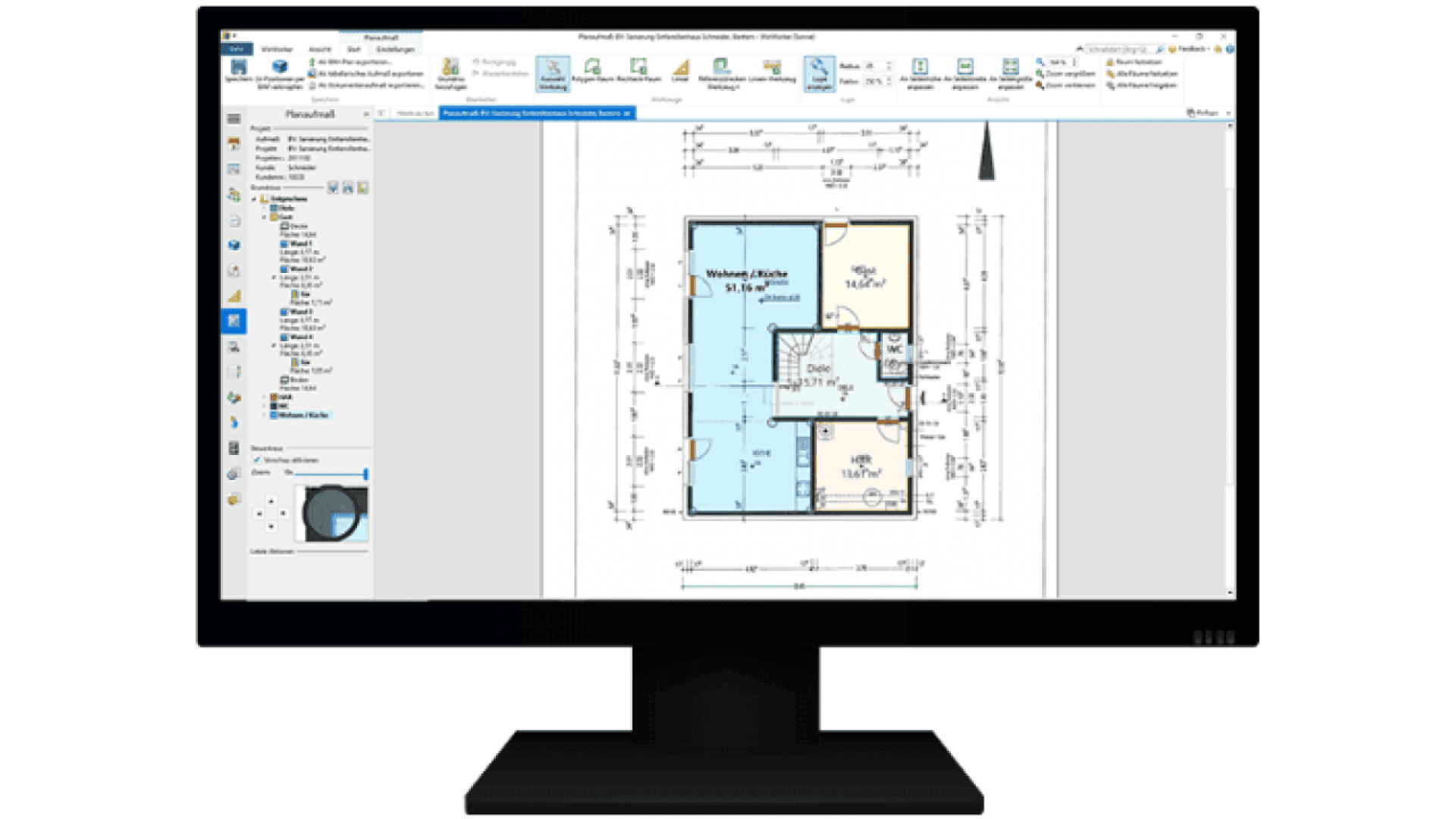 A computer monitor displays architectural floor plan software with a detailed house layout, room measurements, and design tools visible on the screen.