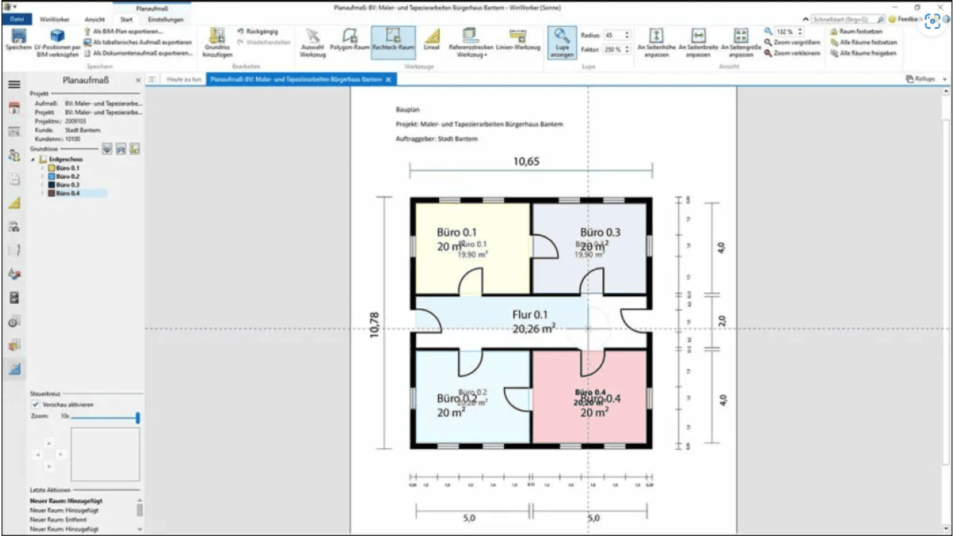 A digital floor plan with labeled rooms, measurements, and colored sections. The layout includes five rooms: Flur (hall), Büro 0.1, Büro 0.2, Büro 0.3, and Büro 0.4, with sizes marked in square meters.