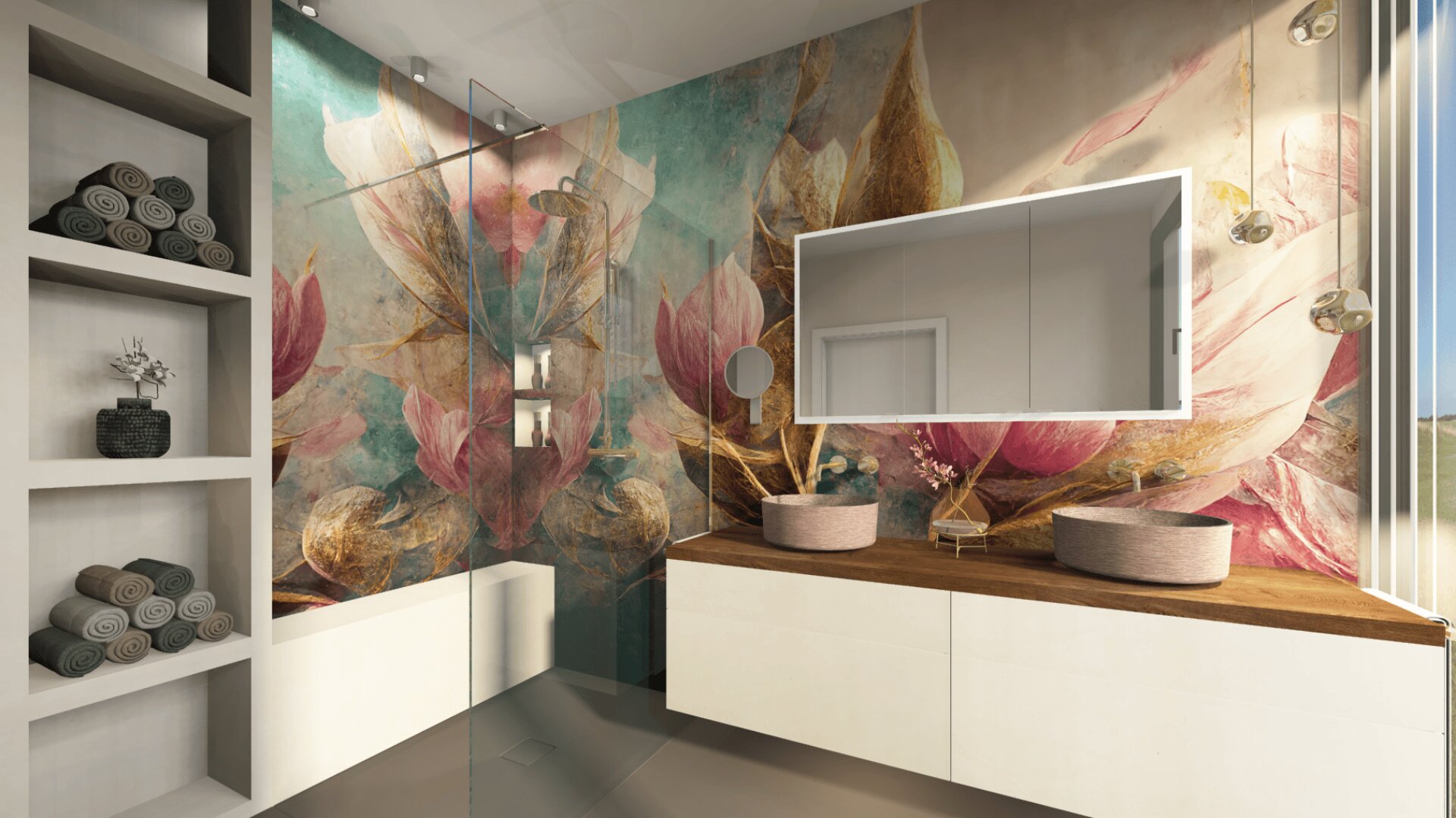 Modernes Badezimmer mit floralem Wandbild, Doppelwaschbecken, großem Spiegel, Handtuchrollen auf Regalen und verglaster Dusche. Tageslicht fällt durch ein Fenster auf der rechten Seite ein.