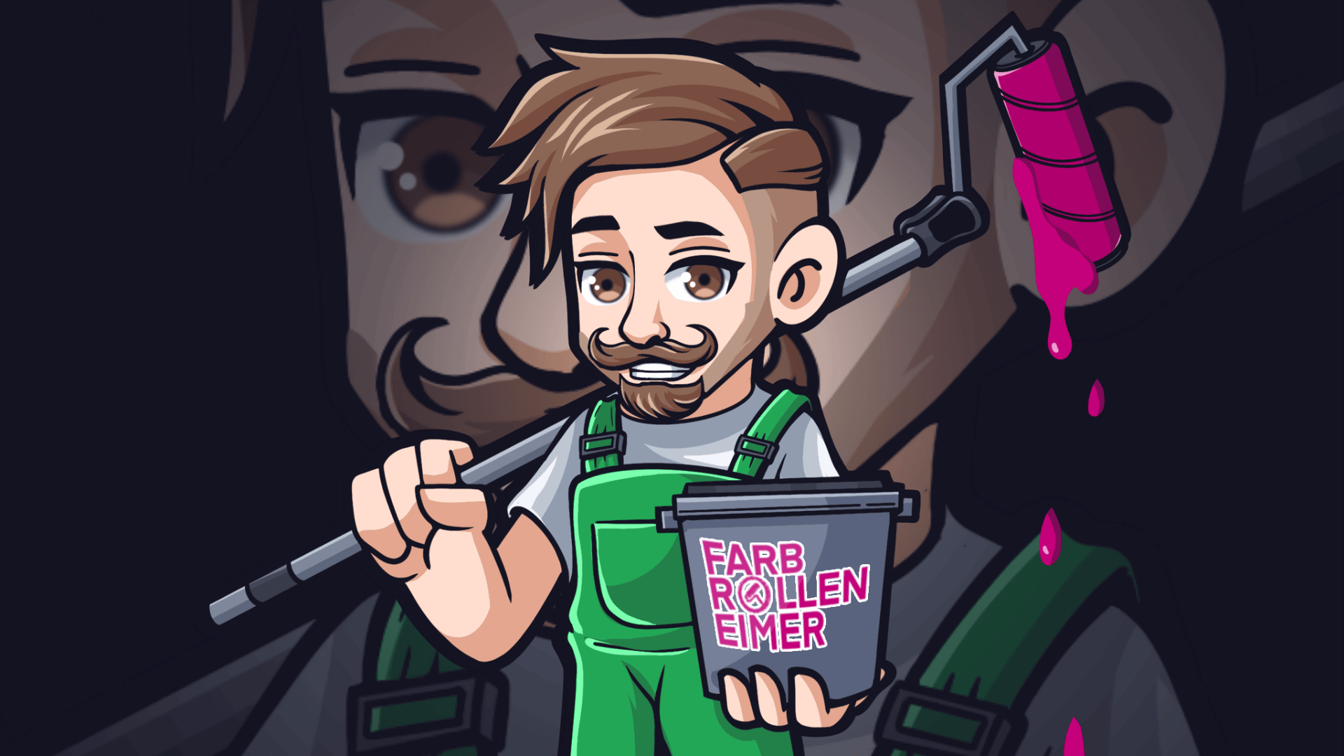 Ein Comic-Mann mit hellbraunem Haar und Schnurrbart hält eine Farbrolle, aus der rosa Farbe tropft, und einen Eimer mit der Aufschrift „Farbrolleneimer“. Er trägt einen grünen Overall und ein weißes Hemd. Im Hintergrund ist eine große Abbildung seines Gesichts zu sehen.