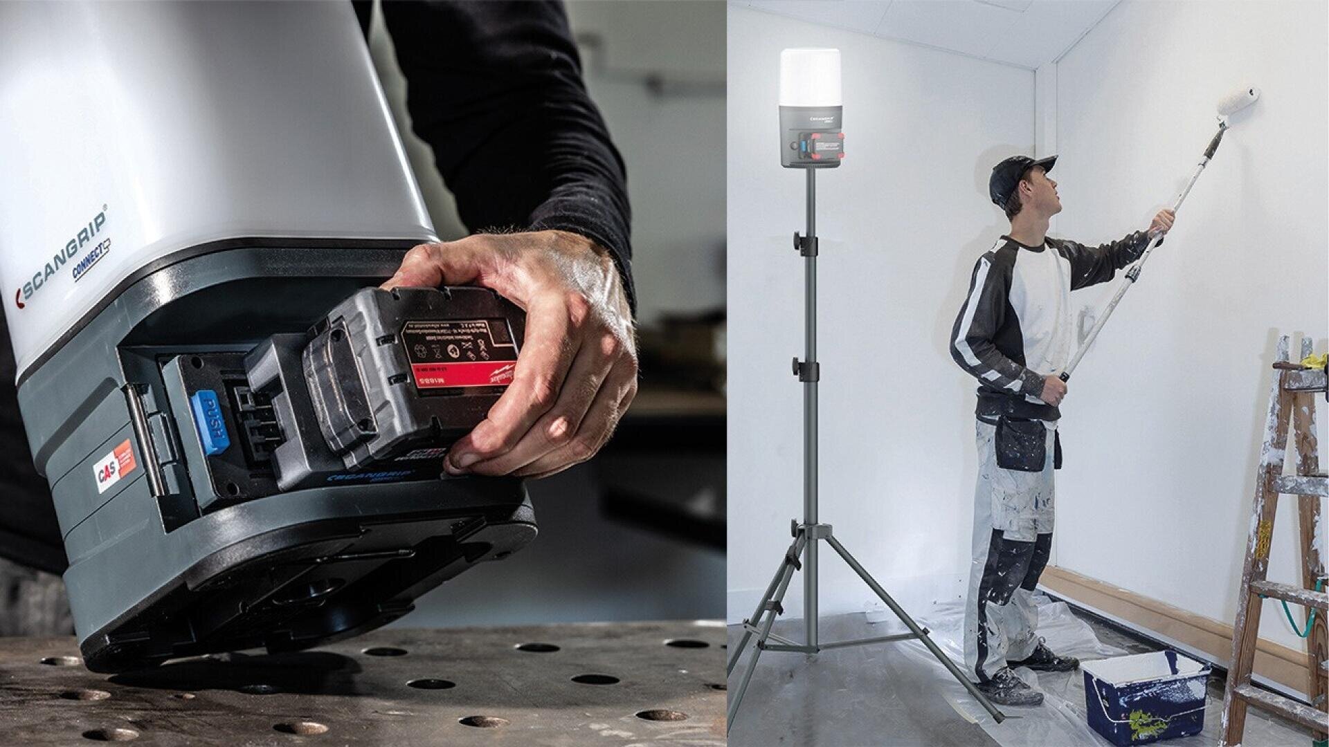 In einer Nahaufnahme (links) setzt eine Person einen Akkupack in eine Arbeitsleuchte ein; in einer anderen Aufnahme (rechts) verwendet ein Maler unter dem hellen Licht der Arbeitsleuchte auf einem Stativ eine Farbrolle und beleuchtet so den Raum.