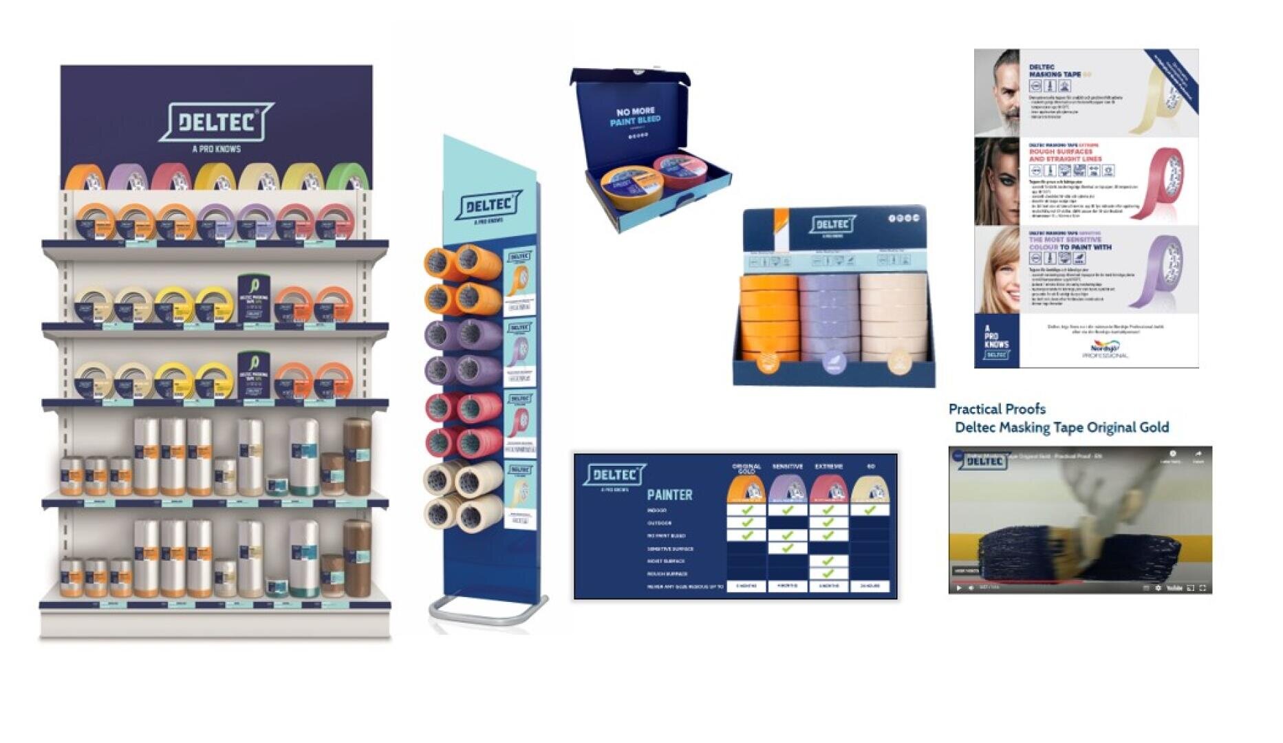 Display shelves and stands filled with various DELTEC adhesive tapes, packaging, promotional brochures, a tape sample kit, and charts showcasing product information and practical proofs.