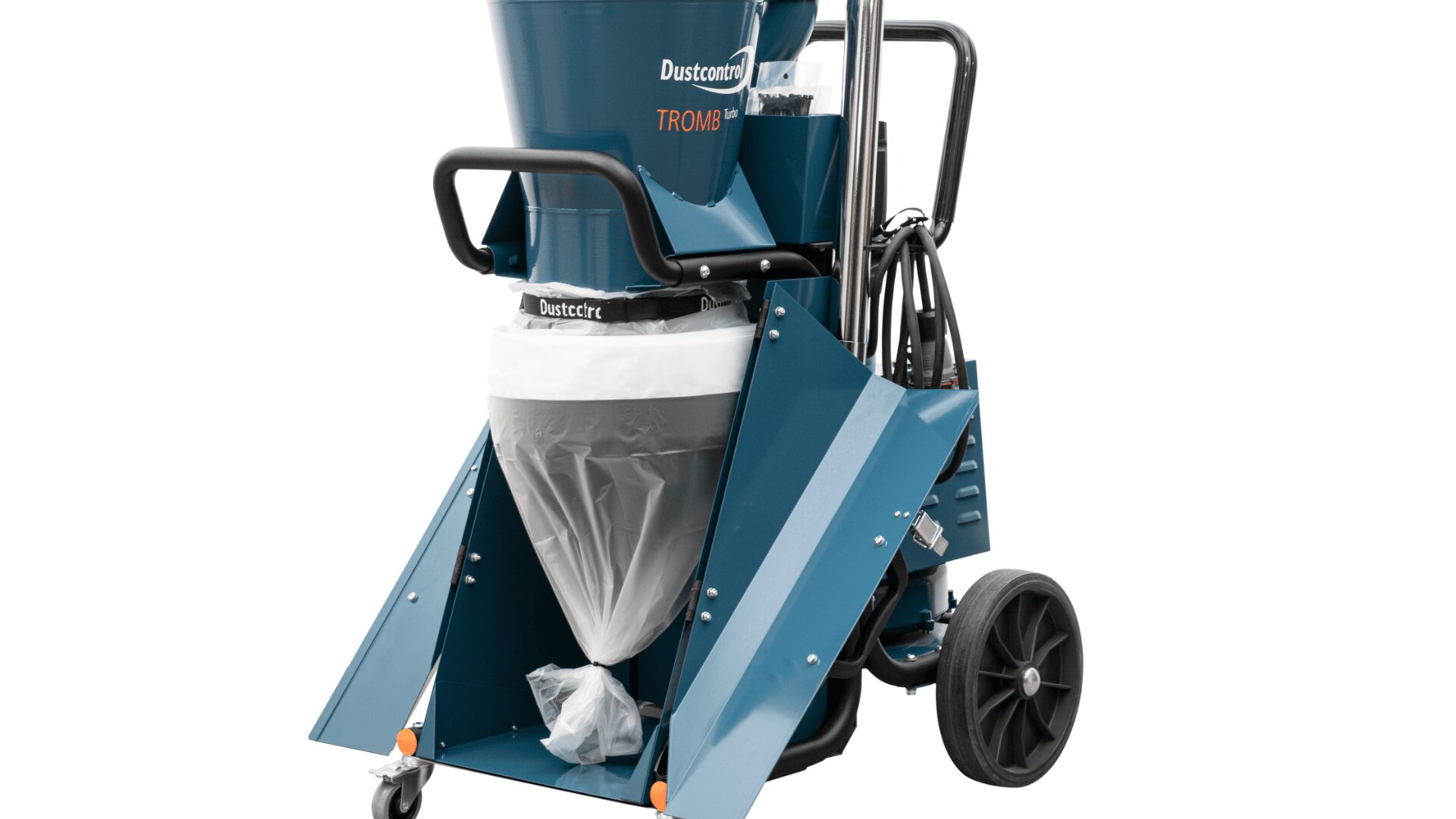 Eine blaue industrielle Staubabsaugmaschine mit Rädern, beschriftet mit Dustcontrol Tromb, mit einem transparenten Auffangbeutel und stabilen Griffen für einfachen Transport.