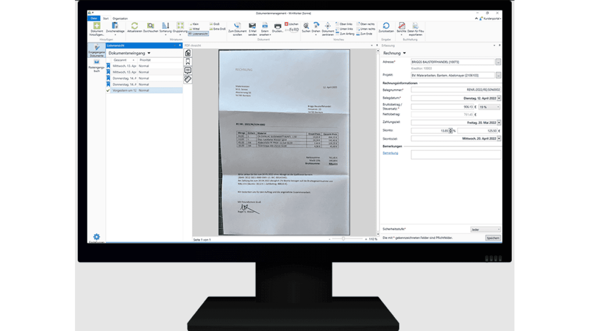 A computer monitor displays document management software with a scanned invoice in the center, a navigation panel on the left, and document details on the right.
