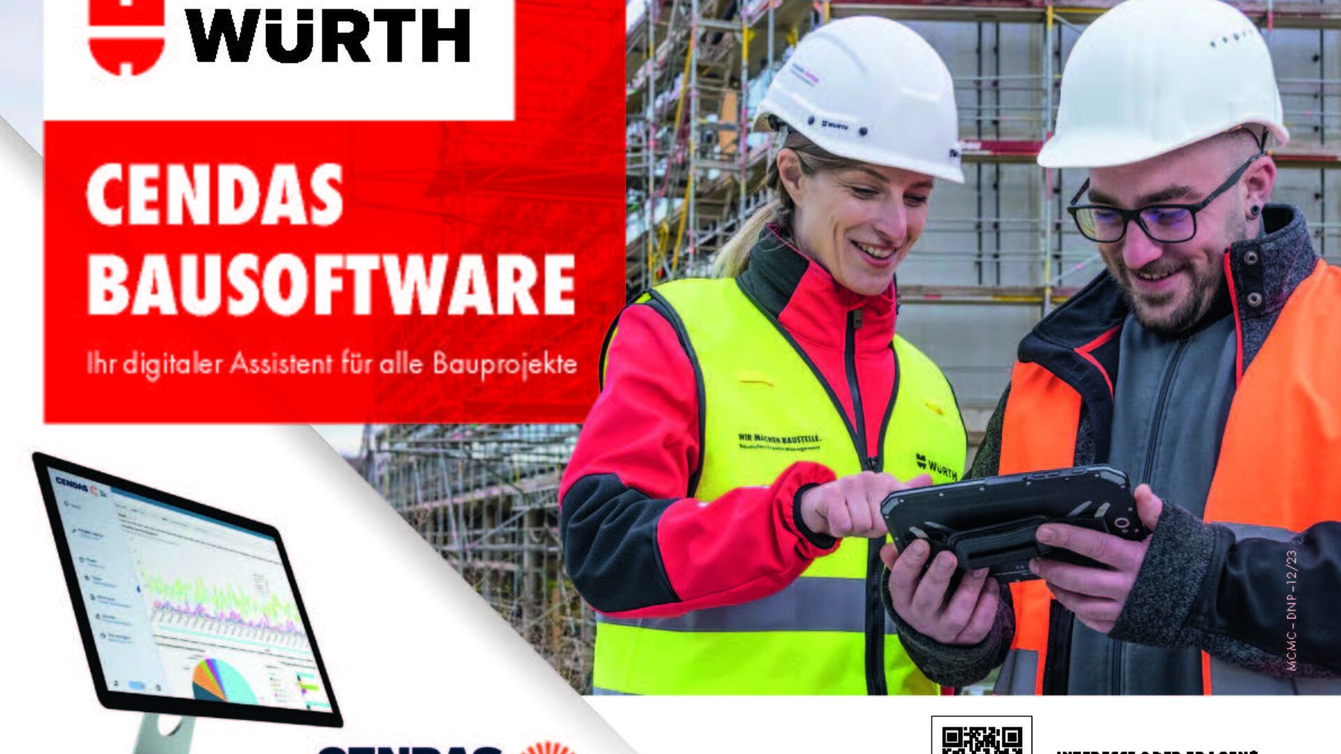 Zwei Bauarbeiter mit Helmen und Sicherheitswesten schauen auf eine Tafel auf der Baustelle. Im Hintergrund ist ein Baugerüst zu sehen, im Vordergrund ein Computerbildschirm mit Diagrammen. Der Text wirbt für Würth Cendas Bausoftware.