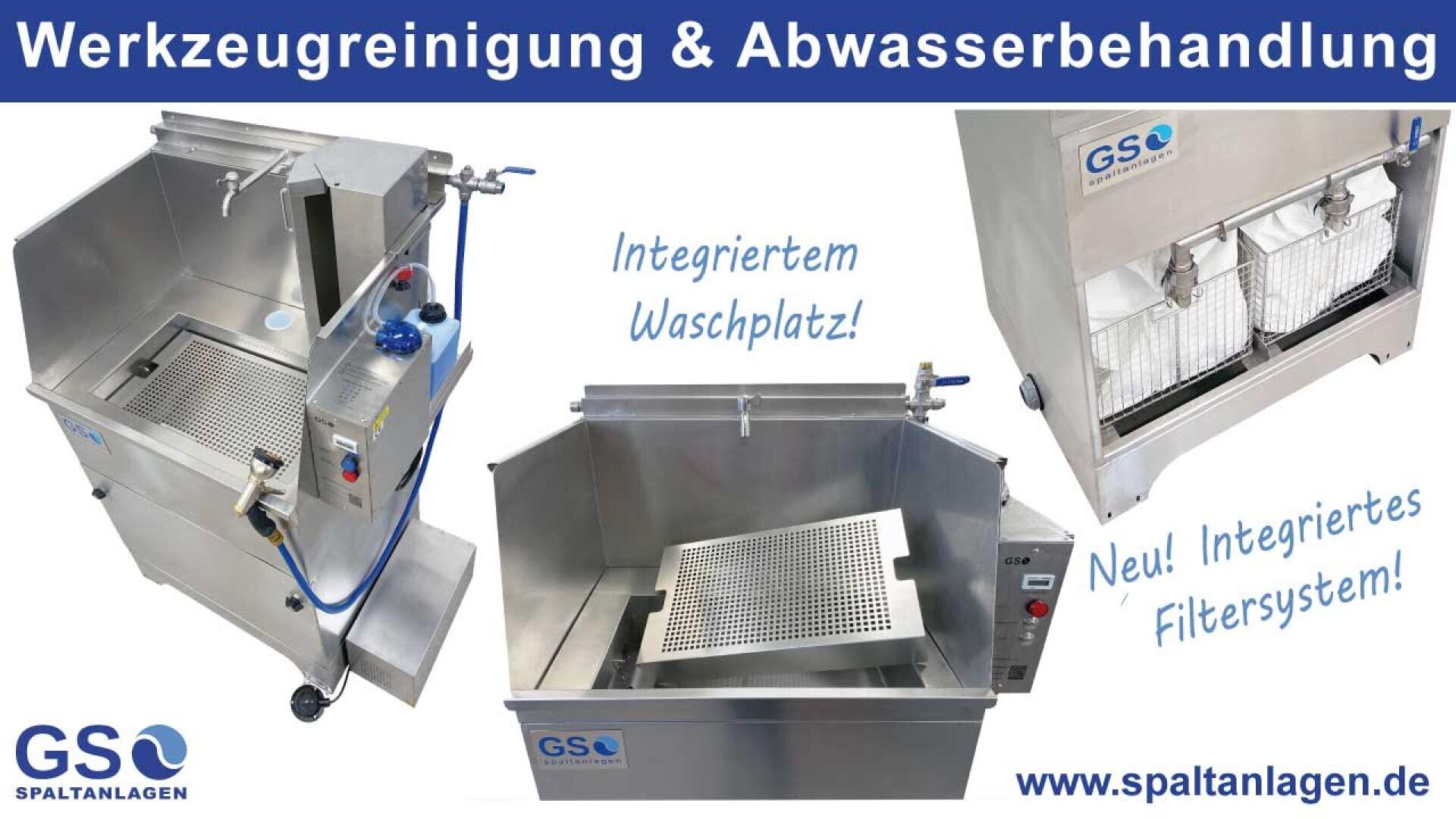 Collage mit industriellen Reinigungsgeräten aus Edelstahl mit deutschen Etiketten. Texthervorhebungen „Werkzeugreinigung & Abwasserbehandlung“, „Integriertes Waschplatz“ und „Neu! Integriertes Filtersystem!“ GSO Spaltanlagen-Branding.