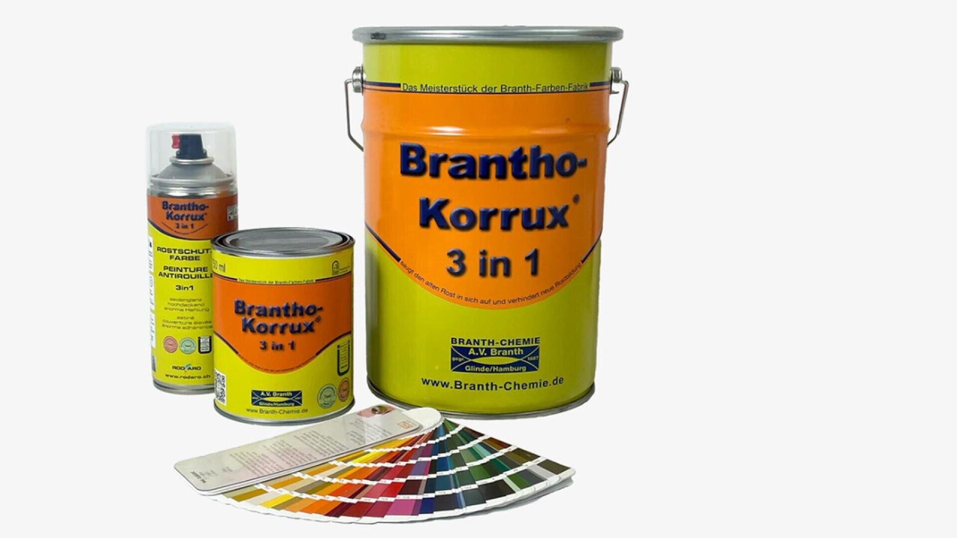 Three containers of Branth-Korrux 3 in 1 paint (spray can, small tin, large bucket) are displayed with a fan of colorful sample swatches in front of them on a white background.