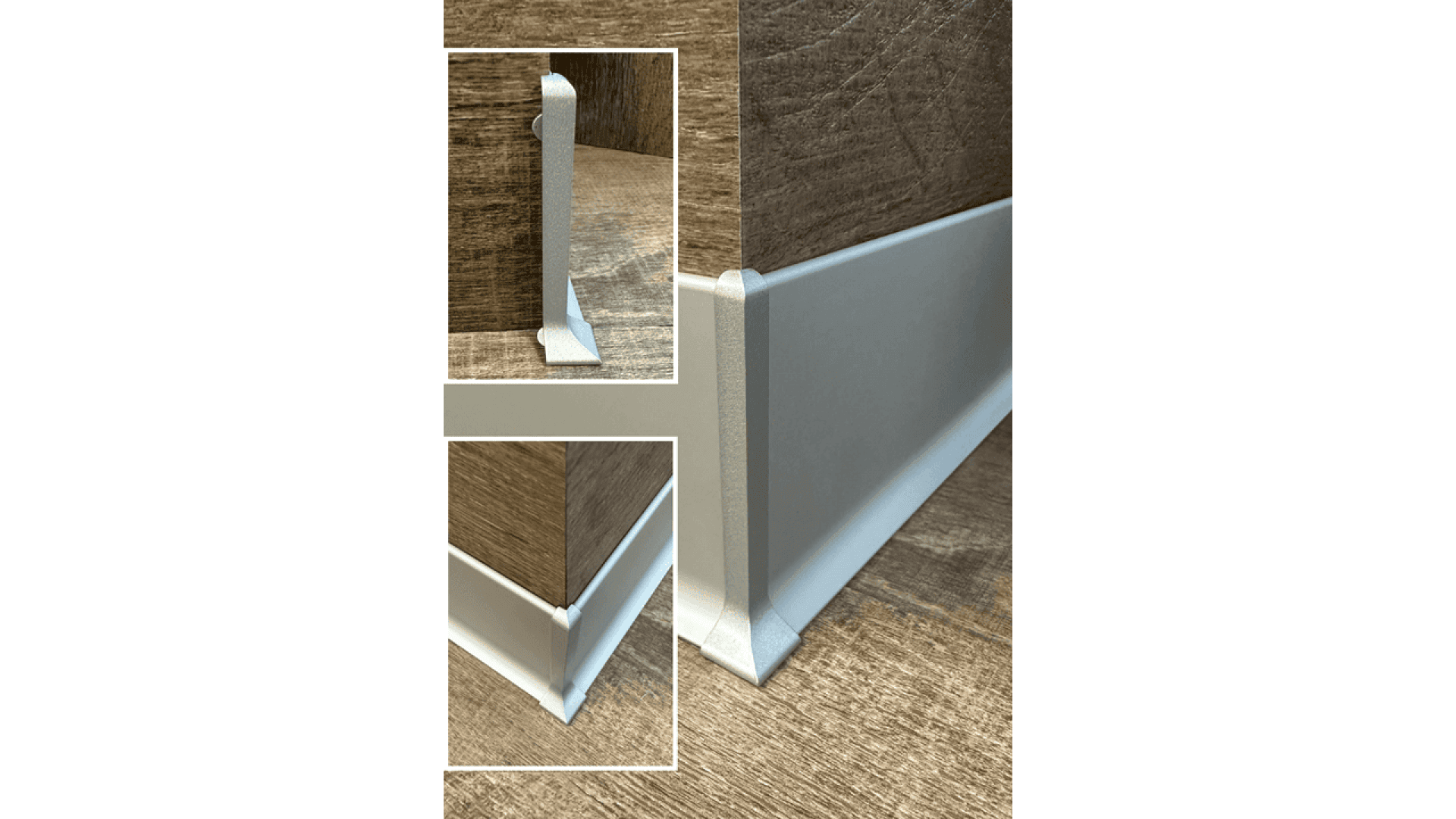 Close-up of a white, L-shaped plastic baseboard corner protector installed at the joint of two brown, wood-textured walls and floor, shown from different angles to highlight its fit and coverage.
