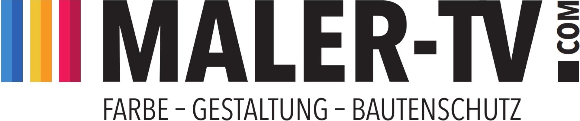 Logo mit senkrechten Streifen in Blau, Rot, Gelb und Grau, daneben großer Text „MALER-TV“ und darunter kleiner Text „FARBE – GESTALTUNG – BAUTENSCHUTZ“. Rechts steht senkrecht COM.