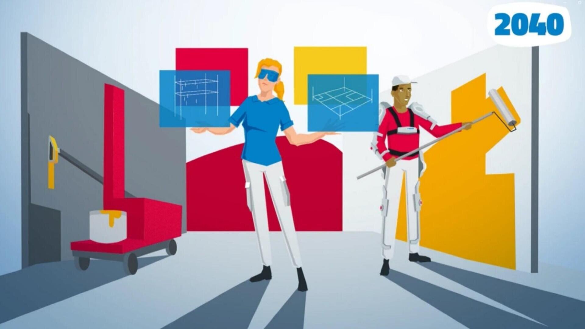 Two people stand in front of colorful panels. One holds blueprints, wearing goggles; the other, in protective gear, paints a yellow wall with a roller. A paint machine is nearby. The number 2040 is in the top right corner.