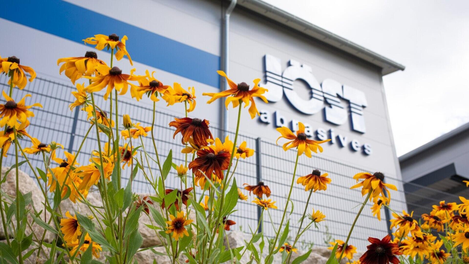 Yellow-orange flowers in the foreground with the JOEST abrasives company building and sign visible in the background under a cloudy sky.