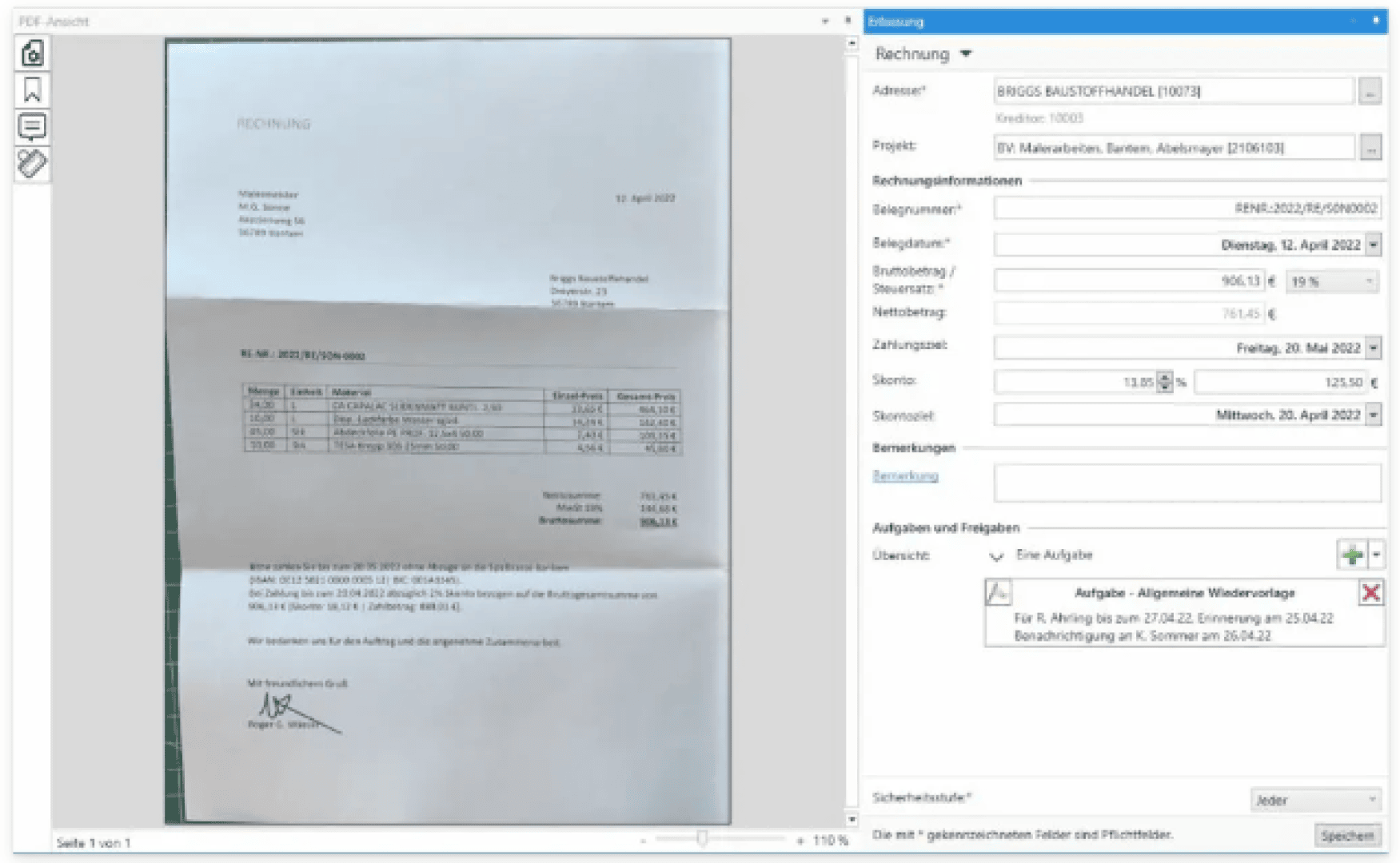 Auf einem Computerbildschirm wird links eine Rechnung und rechts die digitalen Verarbeitungsdetails angezeigt, darunter Adressen, Rechnungsdatum, Zahlungsbedingungen und Kommentare, als Teil einer Dokumentenmanagementsystem-Schnittstelle.