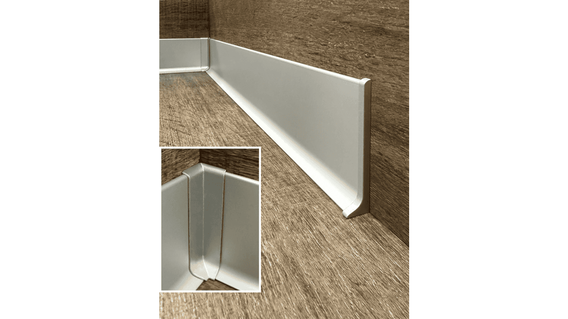 A close-up of a white kitchen countertop backsplash trim with a wood-textured wall, including an inset showing a corner joint detail of the trim.