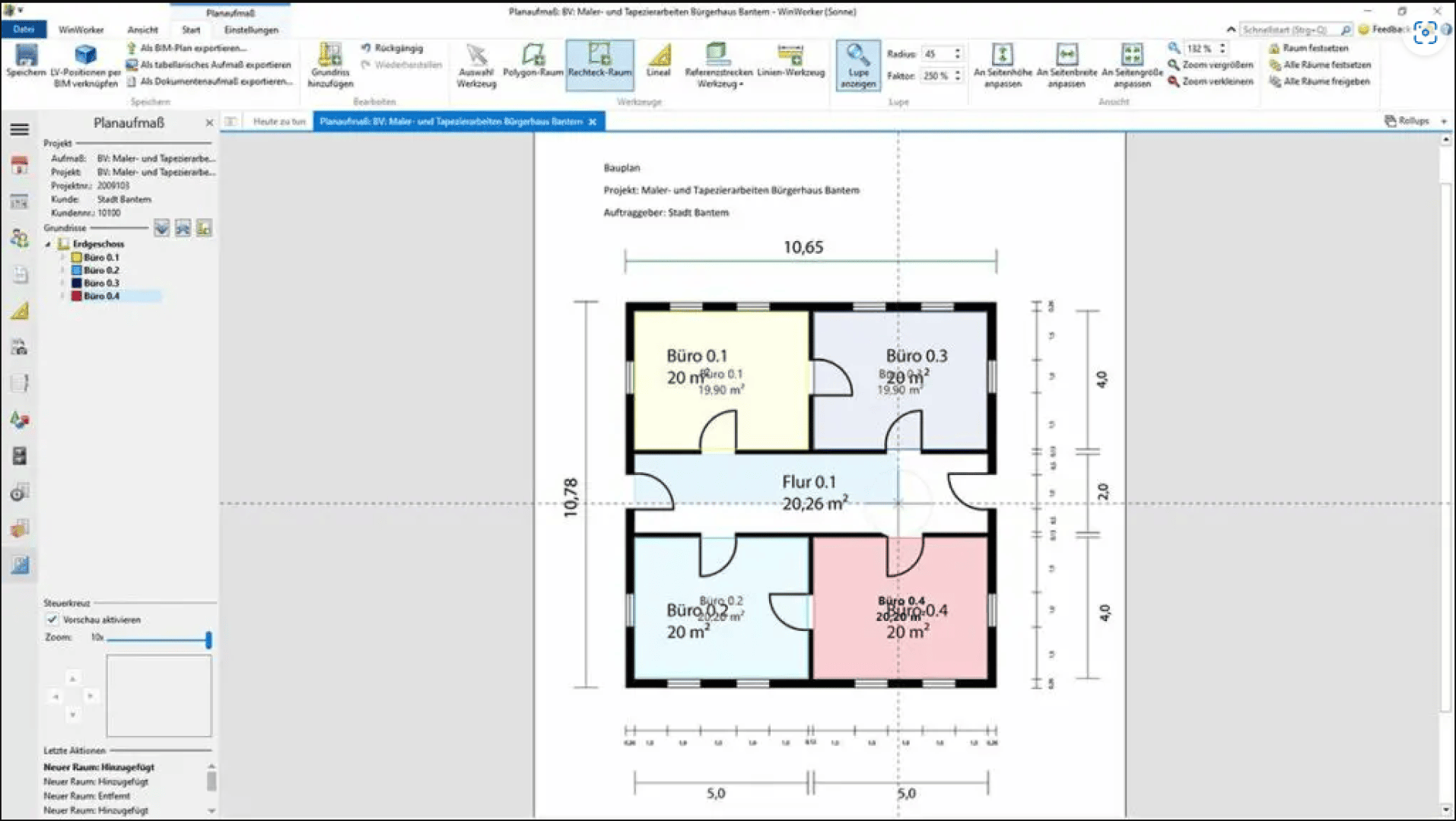 Digitaler Architekturgrundriss mit fünf beschrifteten Büroräumen (Büro 0.1 bis Büro 0.4) und Flur (Flur 0.1) mit Flächenangaben, Türen und Maßstabsmarkierungen; oben sind Software-Symbolleisten sichtbar.